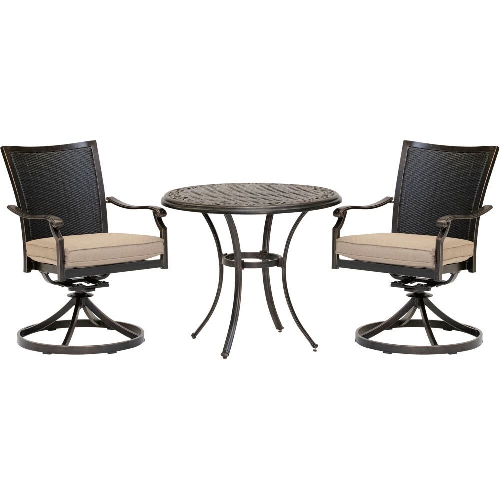 Hanover Traditions 3-Piece Outdoor Furniture Patio Bistro Set, 2 Cushioned Wicker Aluminum Swivel Rocker Chairs and 32" Round Cast Table, Natural Oat