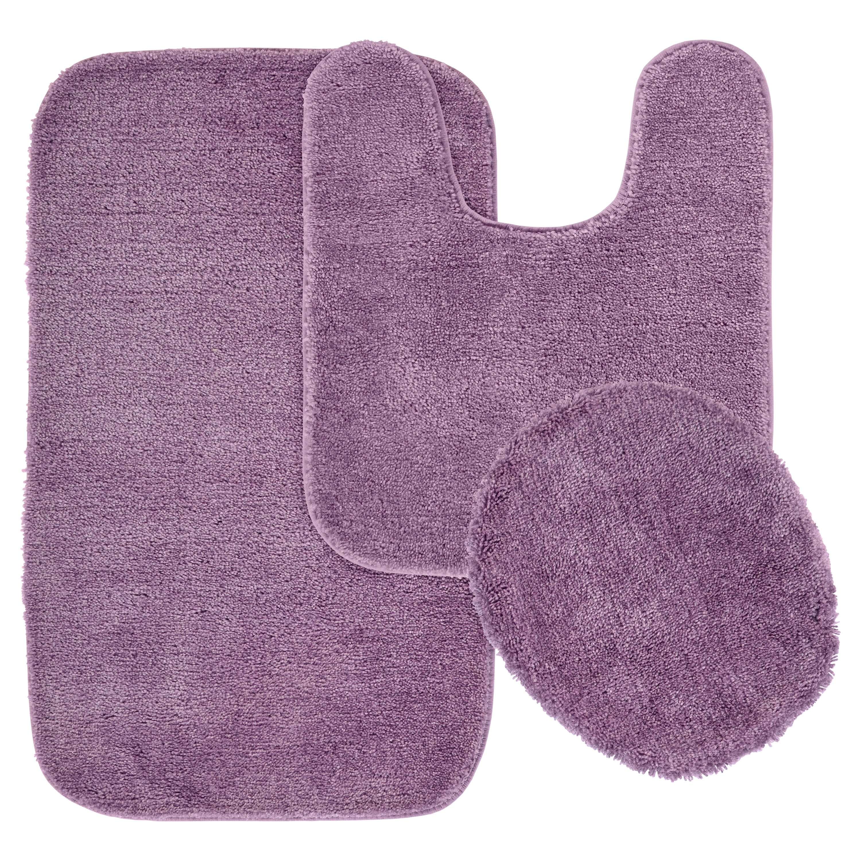 Garland Rug Traditional Washable Bath Rug Set, 3 Piece Set (21"x34" Bath Rug, Contour Rug, & Toilet Lid) Purple
