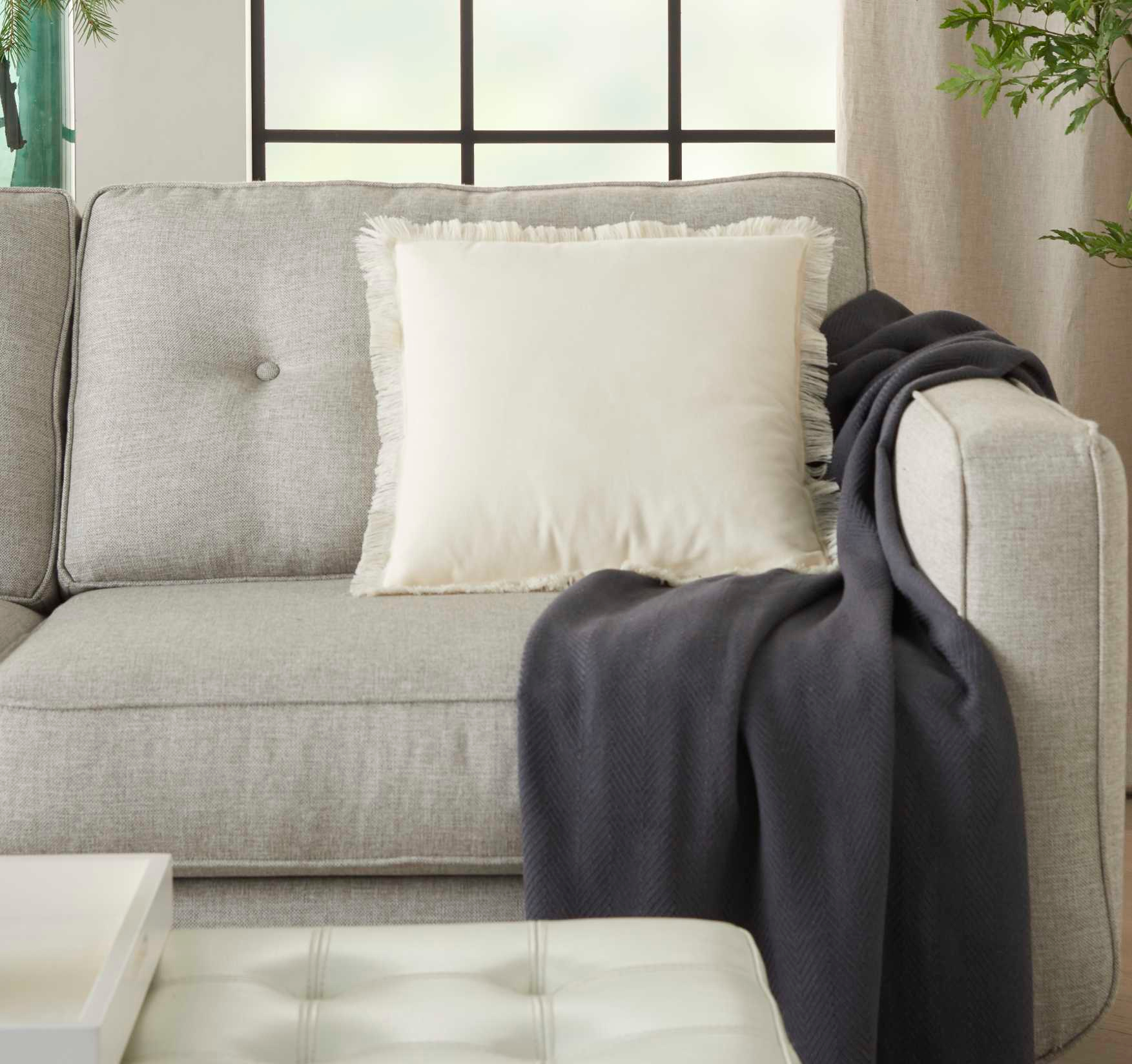 Mina Victory Life Styles 18" Cotton Fringed Edges Solid Throw Pillow in Ivory