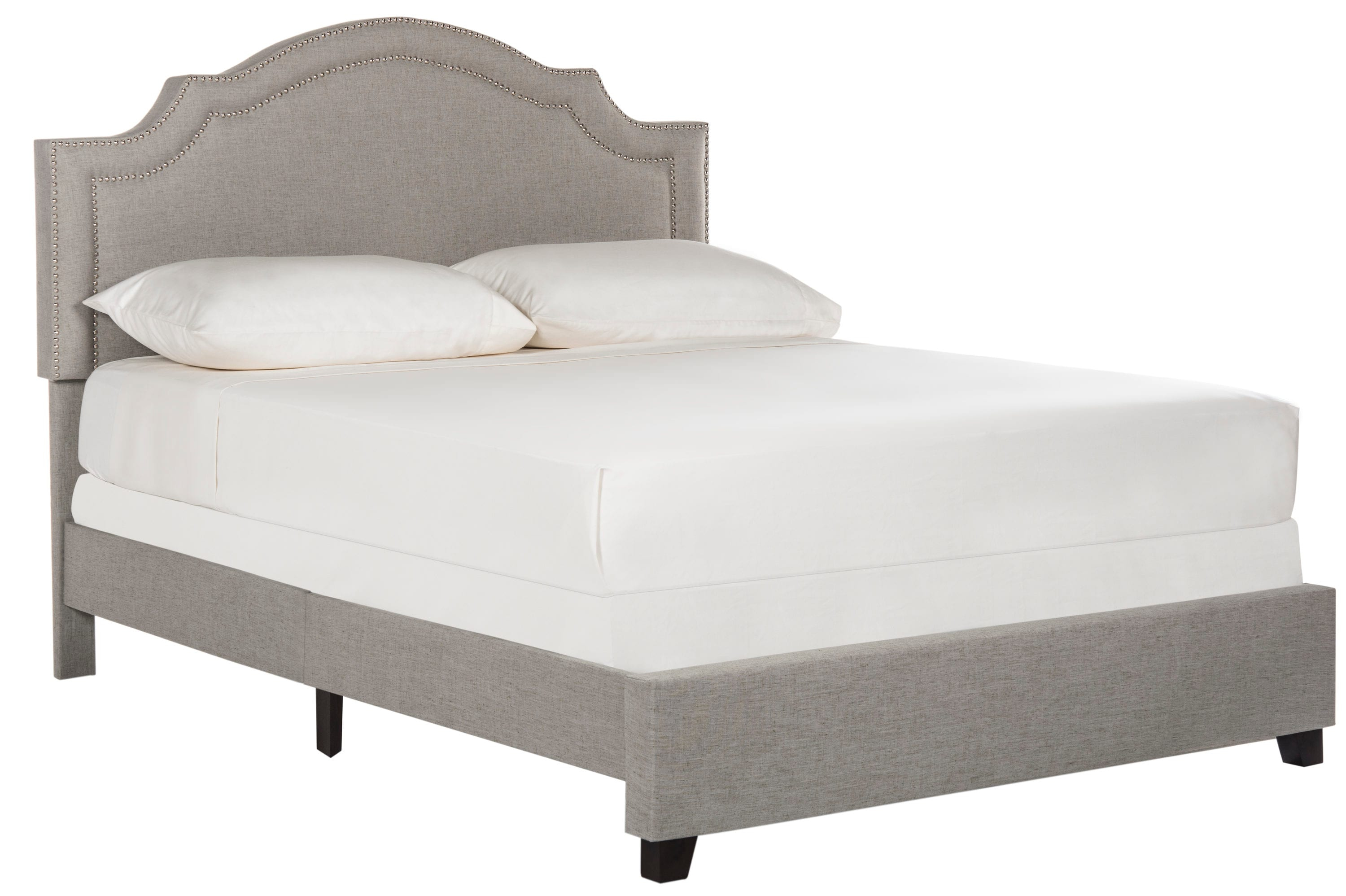 Beige Linen Upholstered Queen Platform Bed with Nailhead Trim