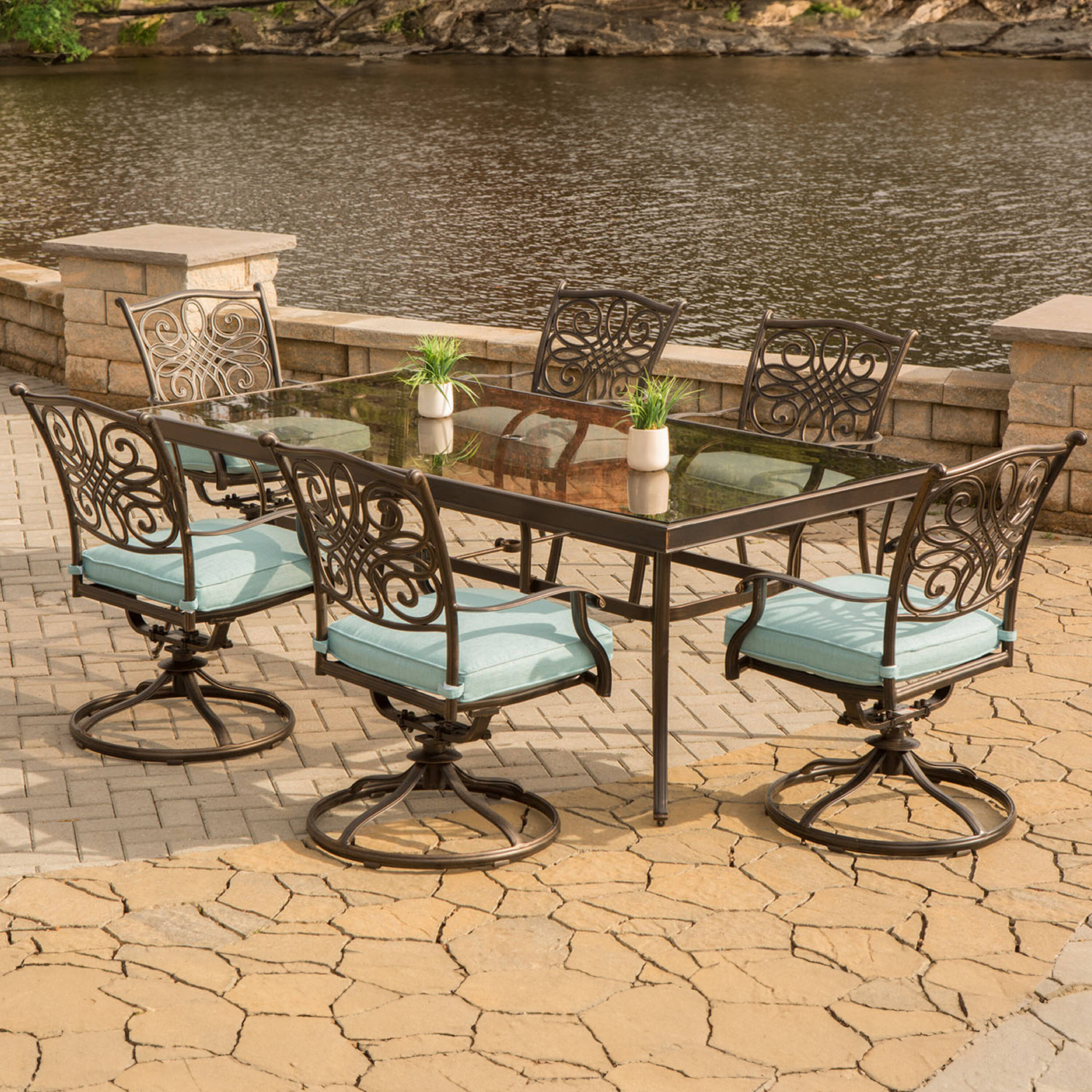 Hanover Traditions 7-Piece Dining Set in Blue with Extra Large Glass-Top Dining Table