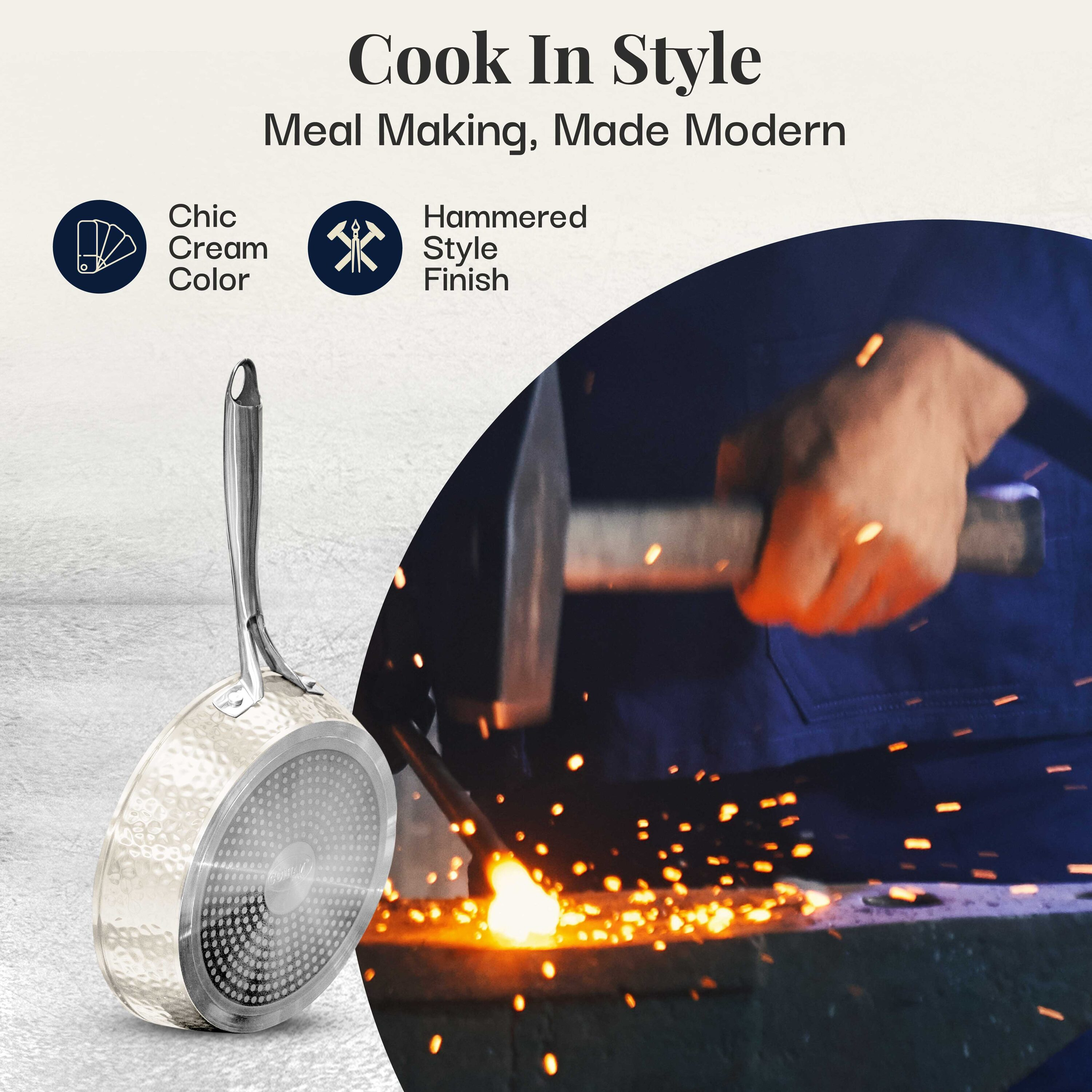 Gotham Steel Nonstick Pots and Pans 15 Piece Set Ceramic Cookware Kitchen Set Hammered Includes Frying Skillet, Cream