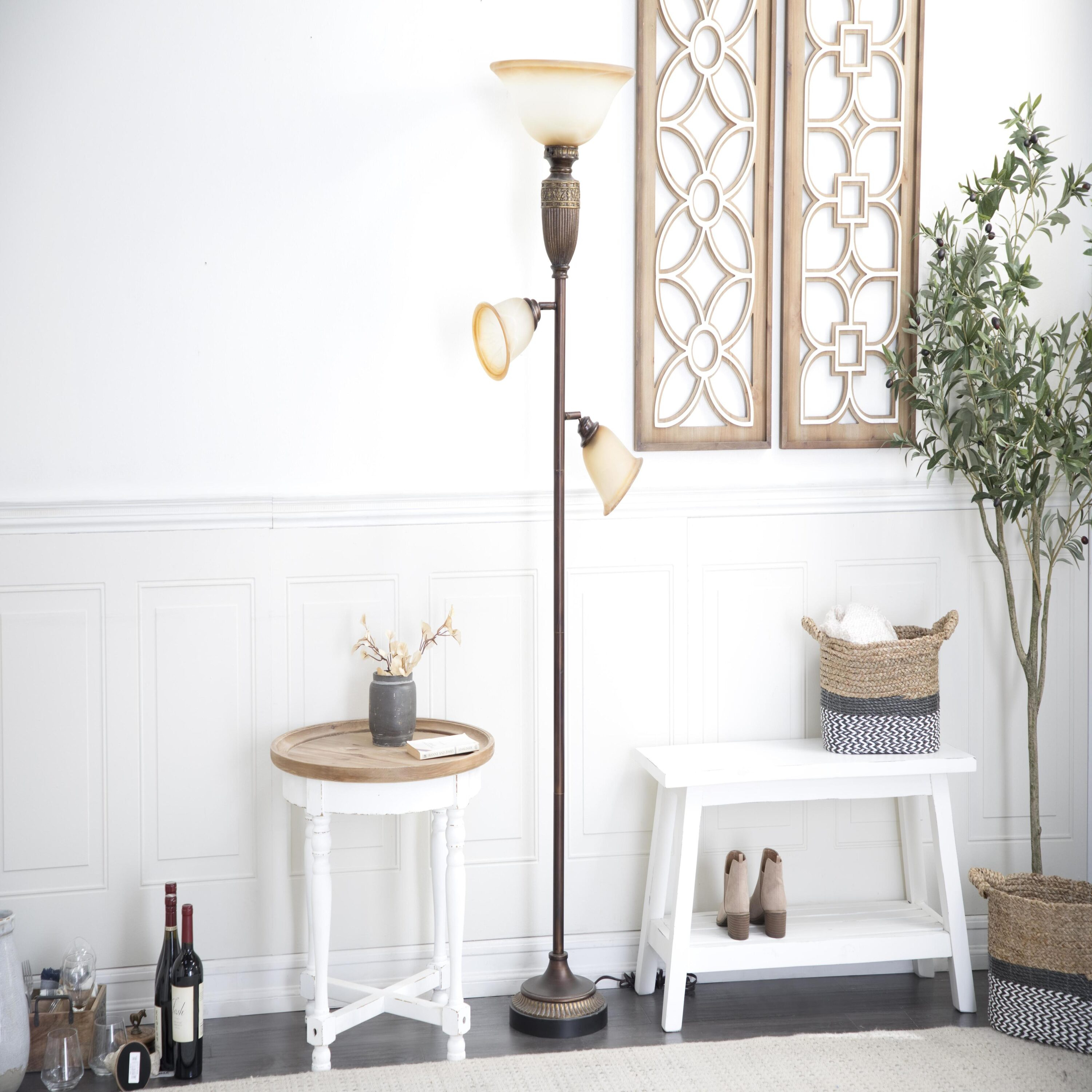 DecMode 70" Antique Style Brown Torchiere with Beige Glass Shade