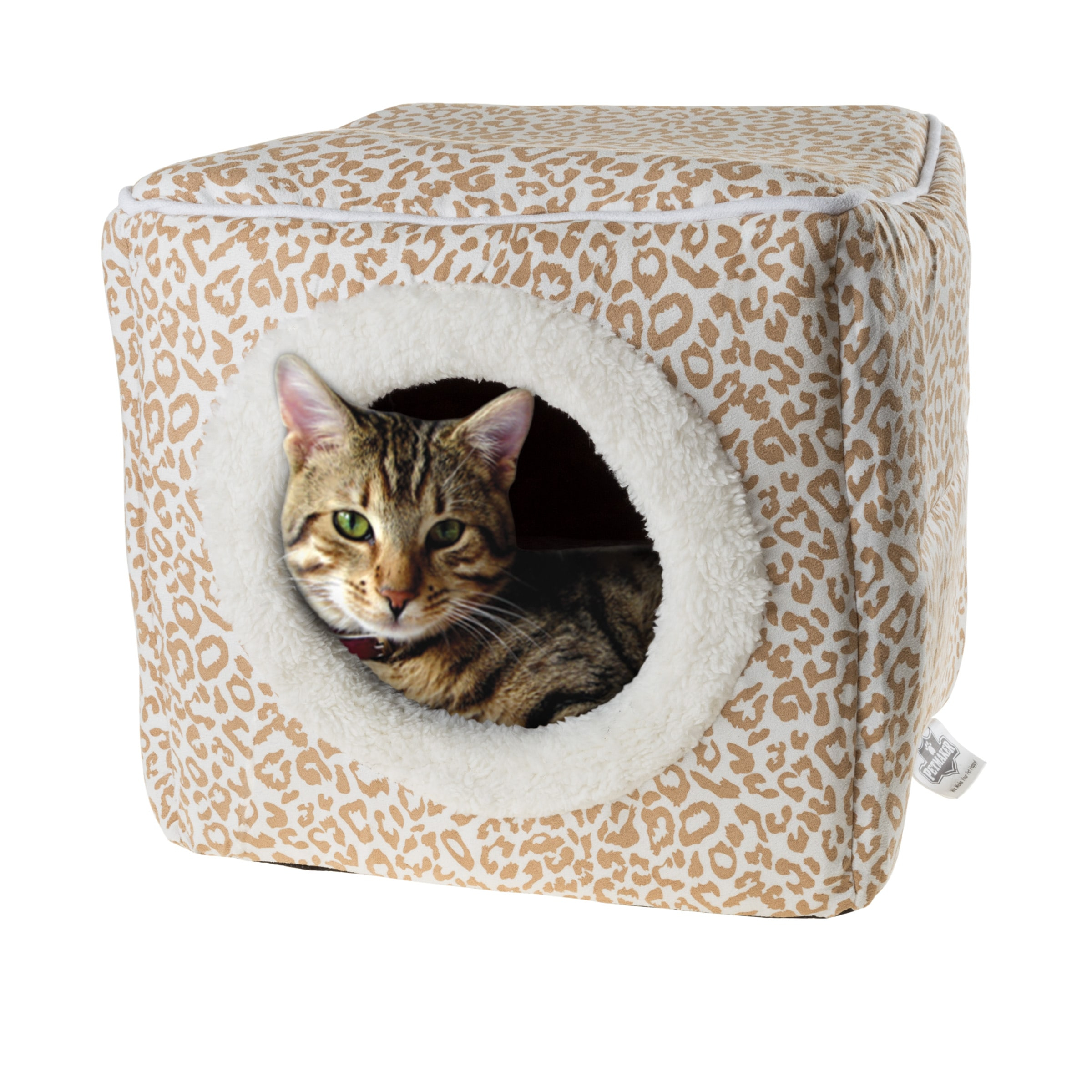 Enclosed Cat Cave Hideout Pet Bed Tan Animal Print Removable Cushion