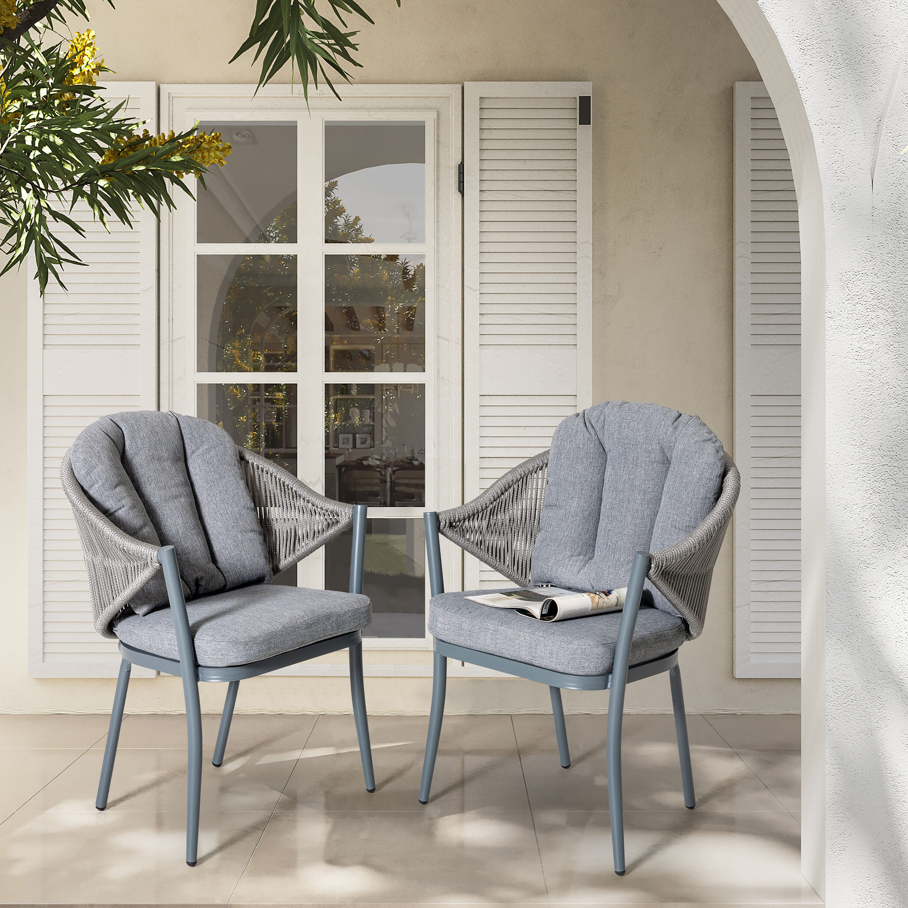 Nuu Garden Patio Dining Chairs Set of 2, Woven Rope Outdoor Dining Chairs, All-Weather Aluminum Arm Chairs with Cushions, No Assembly Light Grey