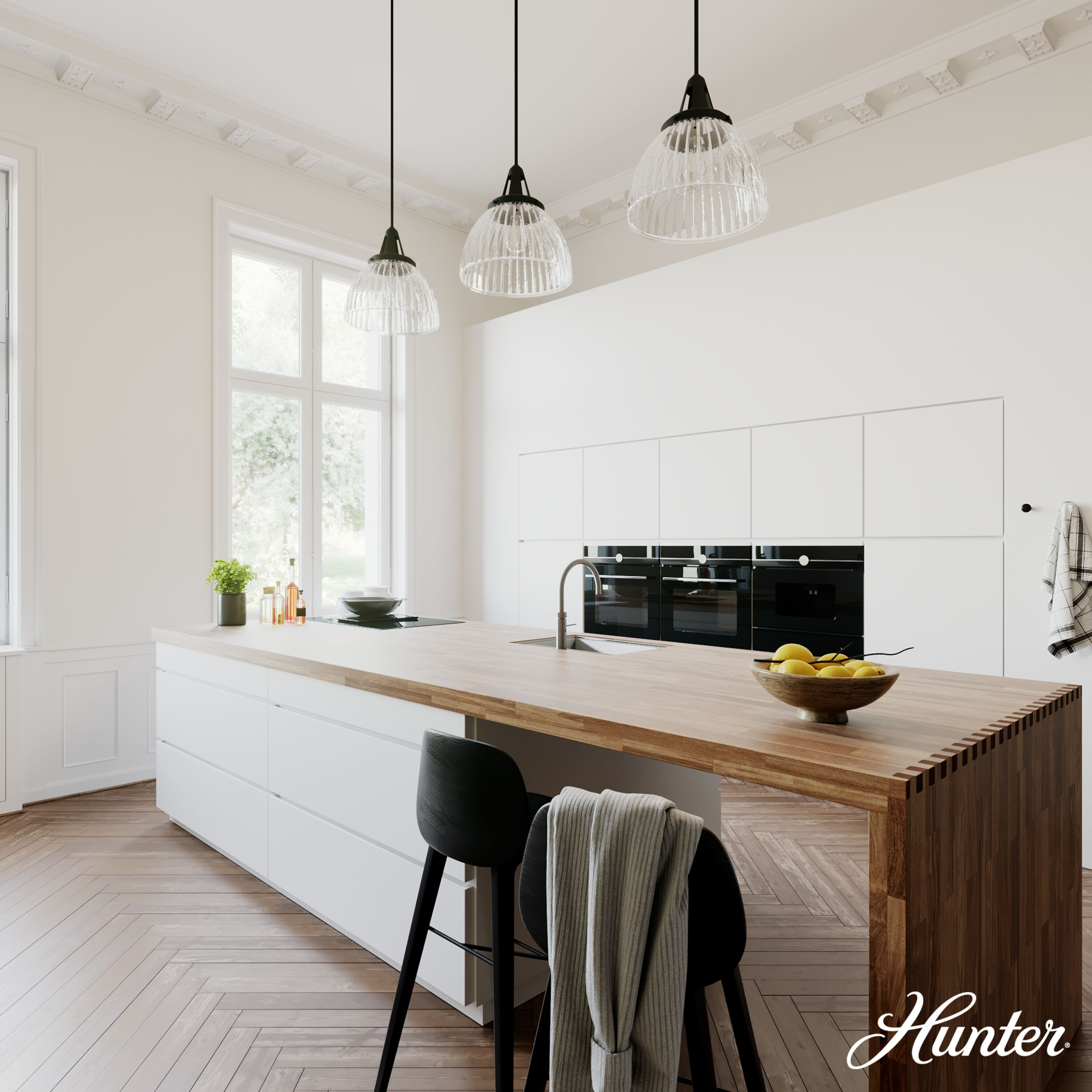 Hunter - Cypress Grove 1-light Natural Black Iron, Medium Size Pendant Light, Dimmable, Transitional Style, Dome Shaped, for Bedrooms, Kitchens, Dining, Living Rooms - 19251