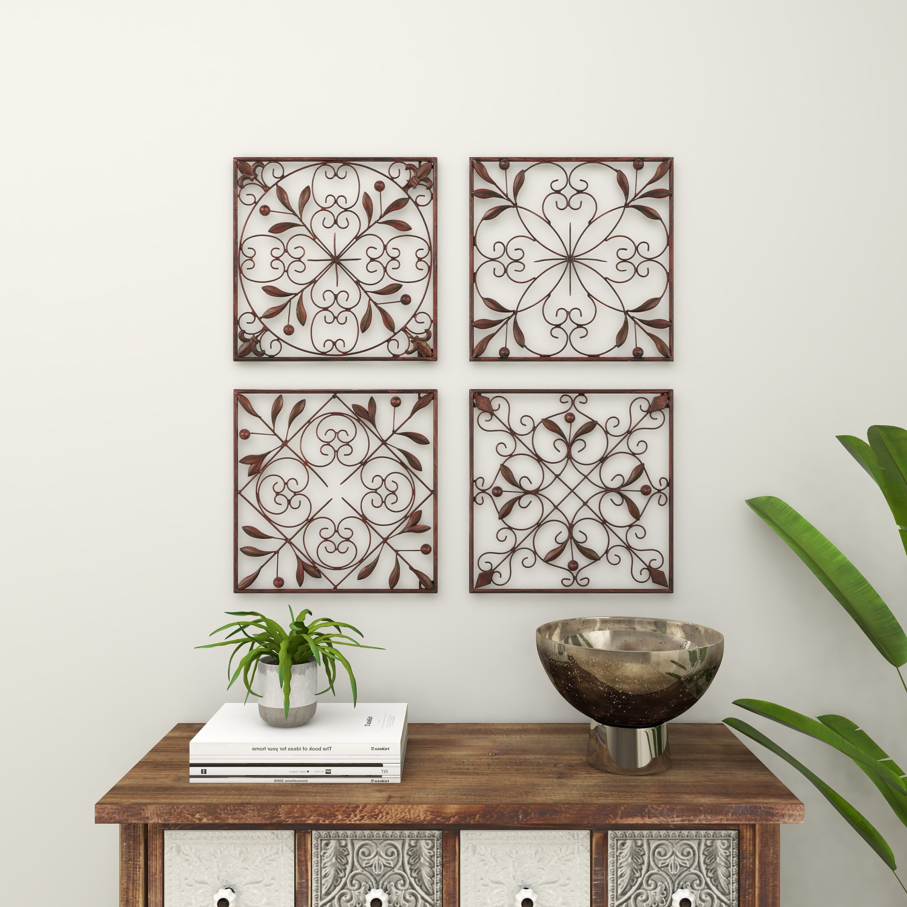 DecMode Rustic Brown Square Metal Wall Décor Set of 4 14"W x 14"H