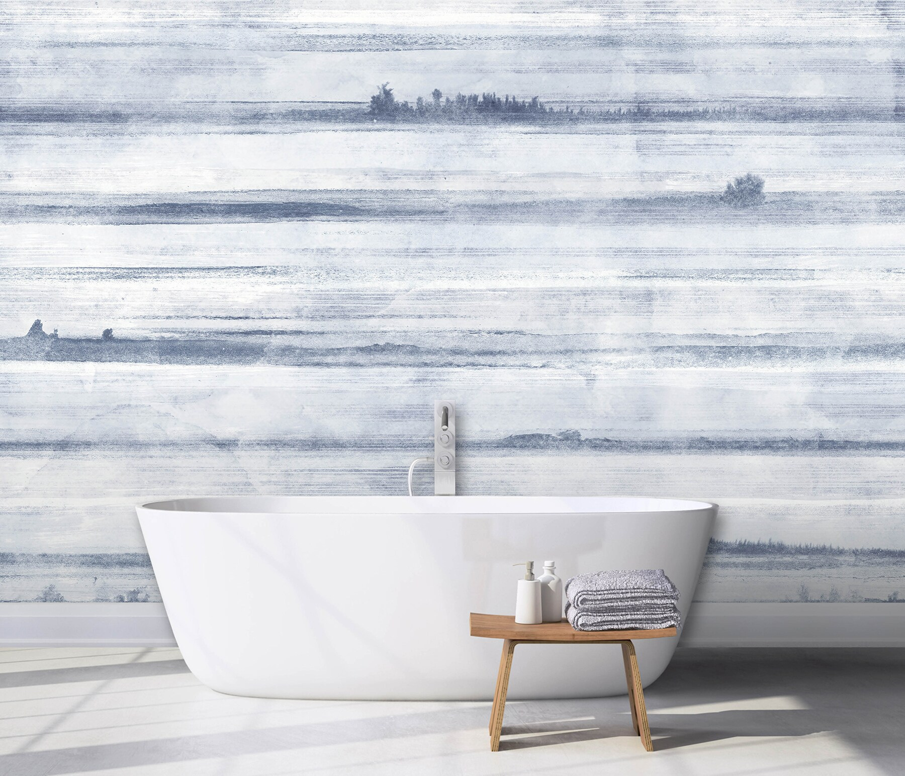 Ocean Blue and White Striped Washable Wall Mural