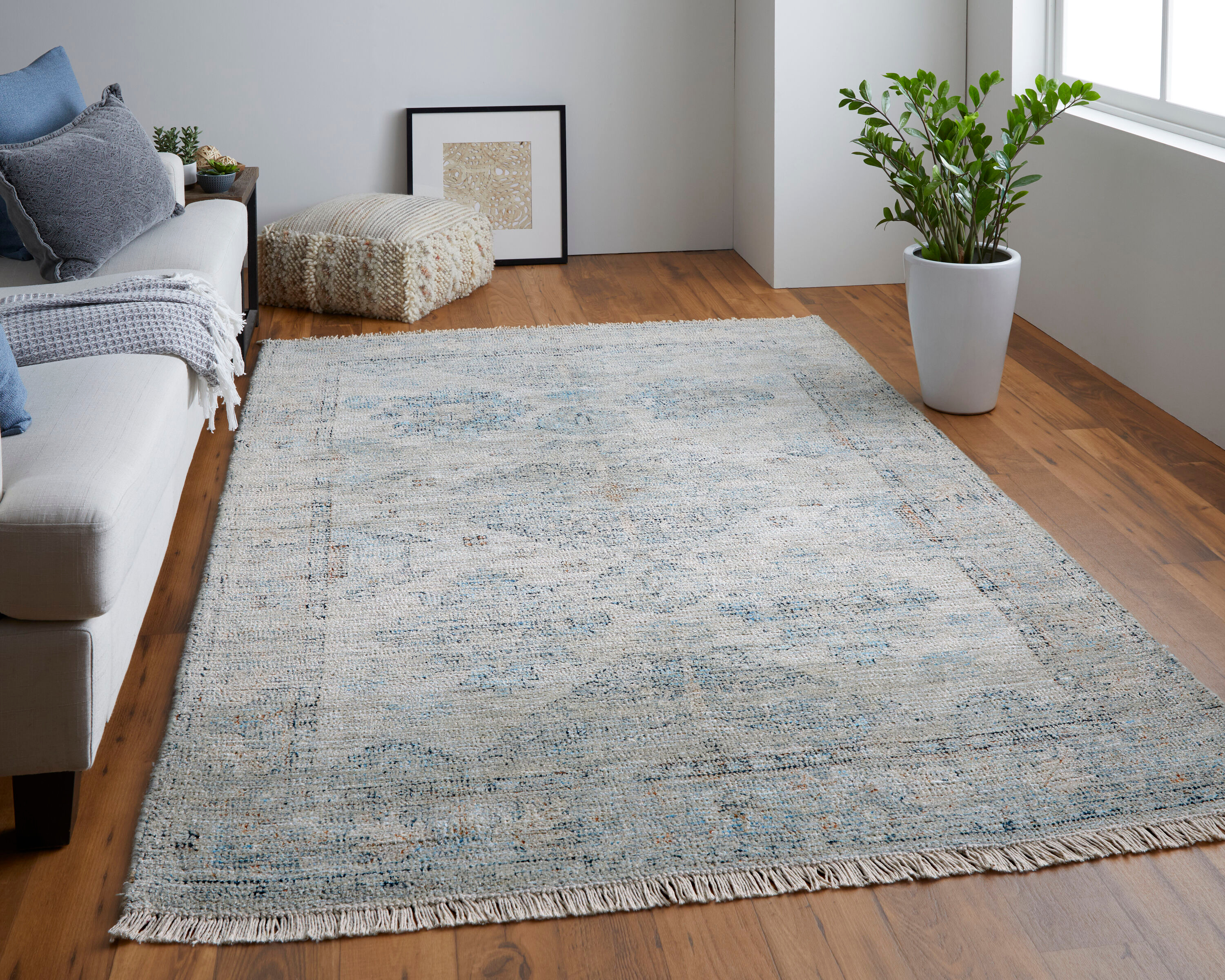 Feizy Caldwell Transitional Oriental, Blue/Gray/Taupe, 2' x 3' Accent Rug Handmade Sheen Vintage Distressed Design Carpet for Living Dining Bed Room