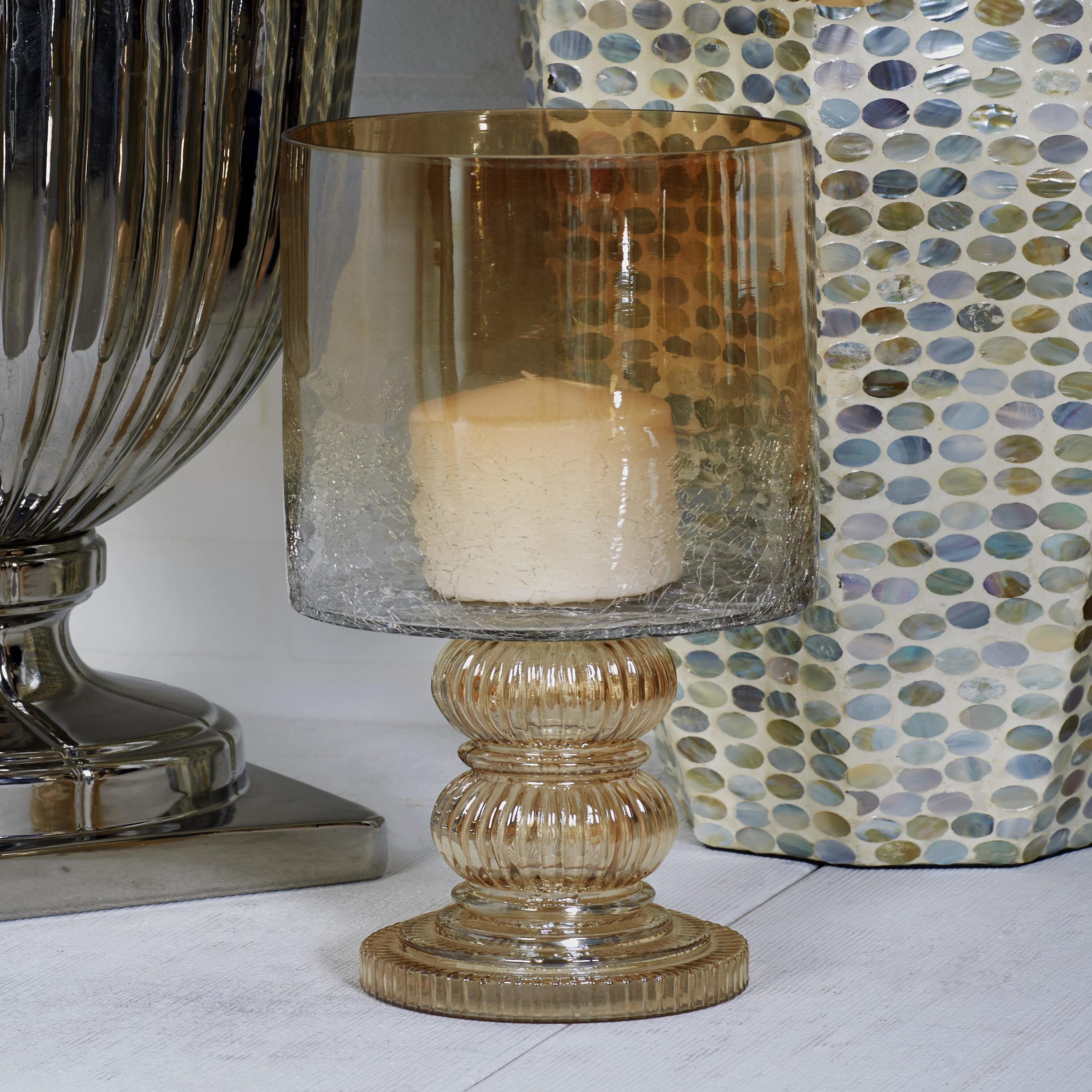 DecMode Gold Glass Handmade Turned Style Pillar Hurricane Lamp with Faux Mercury Glass Finish