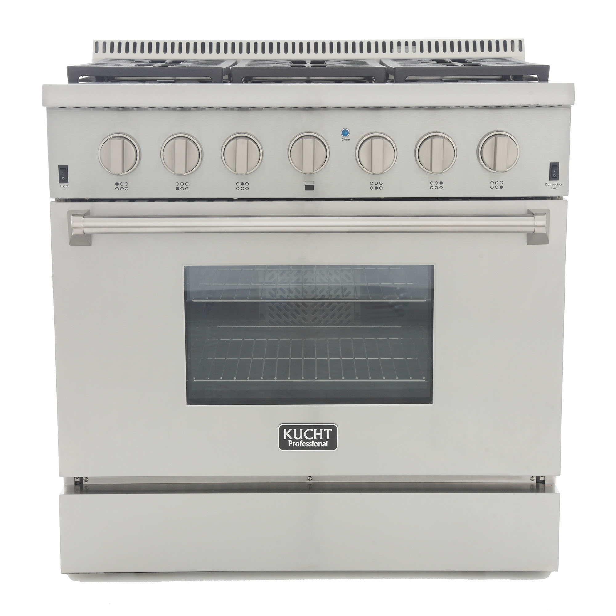 KUCHT Professional 36 in. 5.2 cu. ft. Dual Fuel Range for Natural Gas with Sealed Burners and Convection Oven in Stainless Steel with Classic Silver Knobs