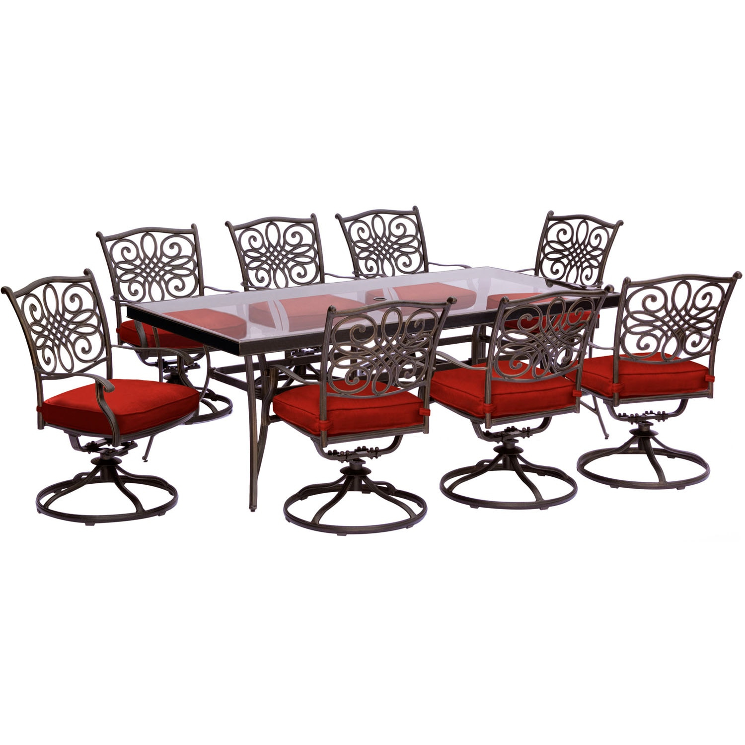 Elegant 8-Person Tempered Glass-Top Outdoor Dining Set with Red Cushions