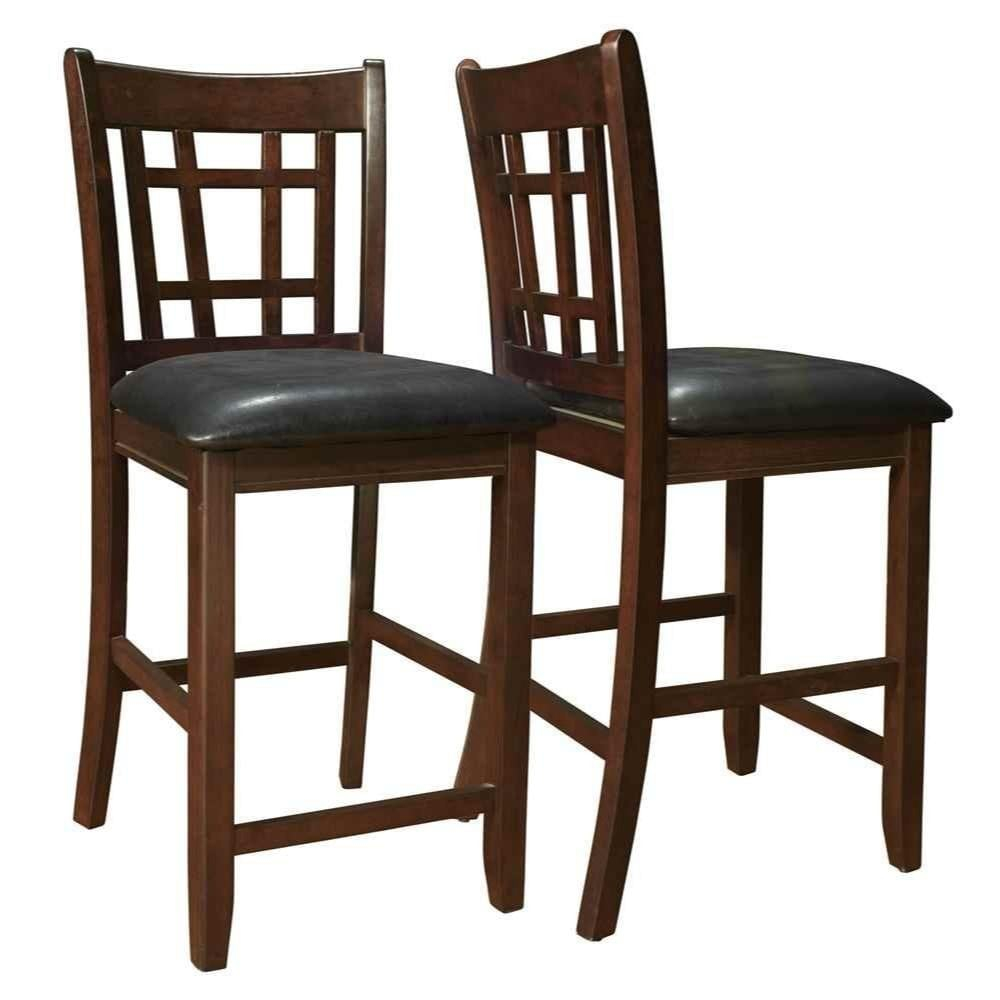 Benzara Lattice Back 24" Wooden Counter Height Chair with Leatherette Seat, Set of 2, Brown and Black