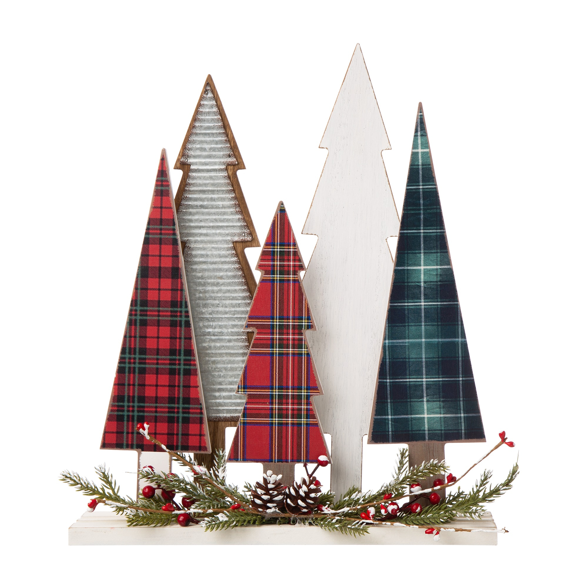 Rustic Farmhouse Wooden Christmas Tree Cluster with Berries and Pine Cones