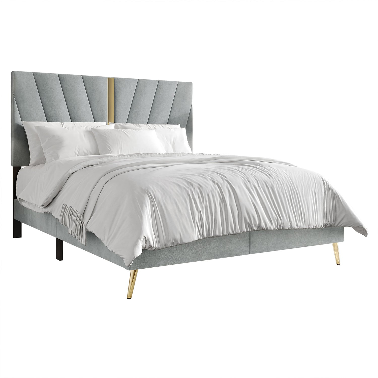 Castle Place Contemporary Velvet Queen Upholstered Bed with 2 Nightstand and Bench, Silver Grey