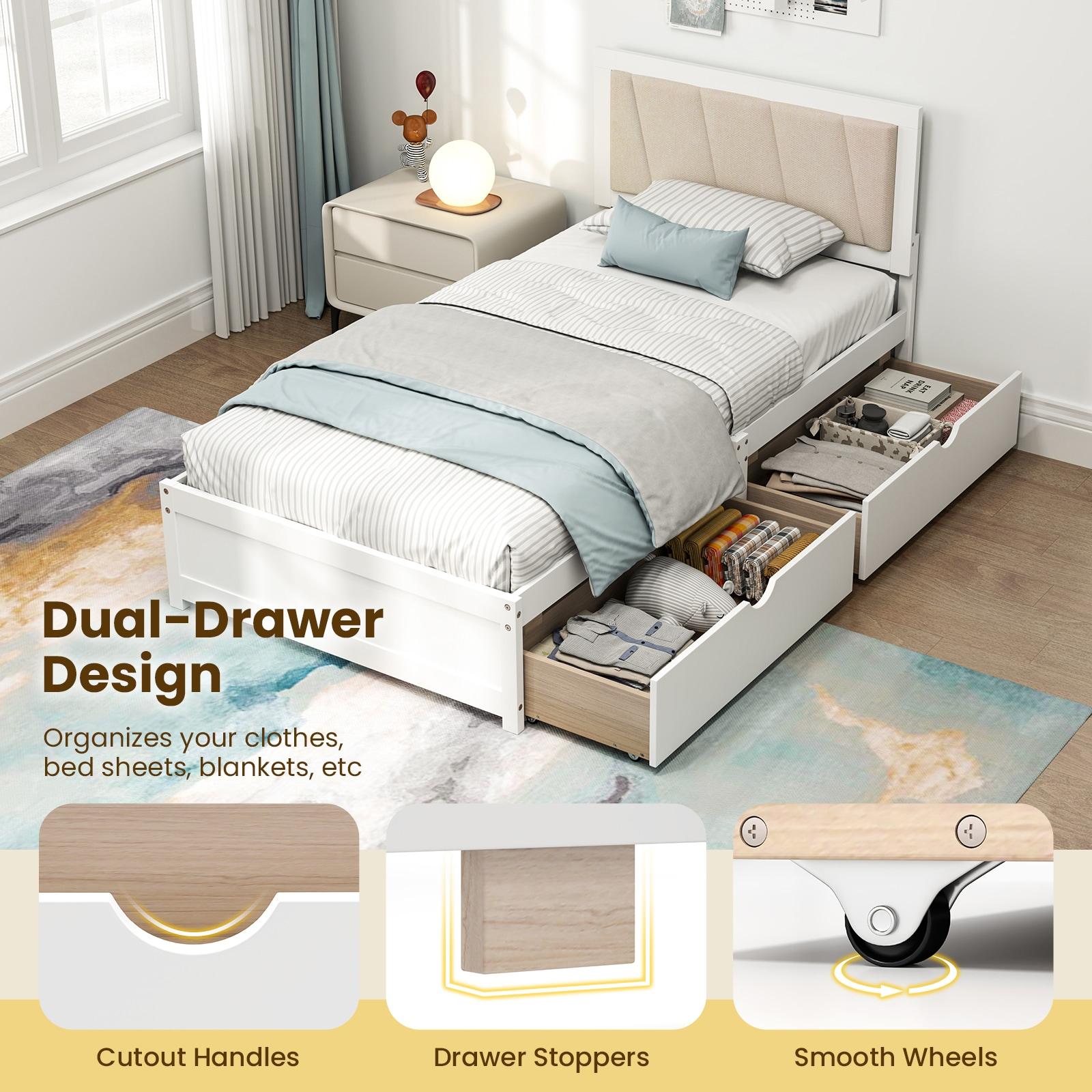 Costway Twin Size Bed Frame with 2 Storage Drawers Upholstered Headboard Wood Structure