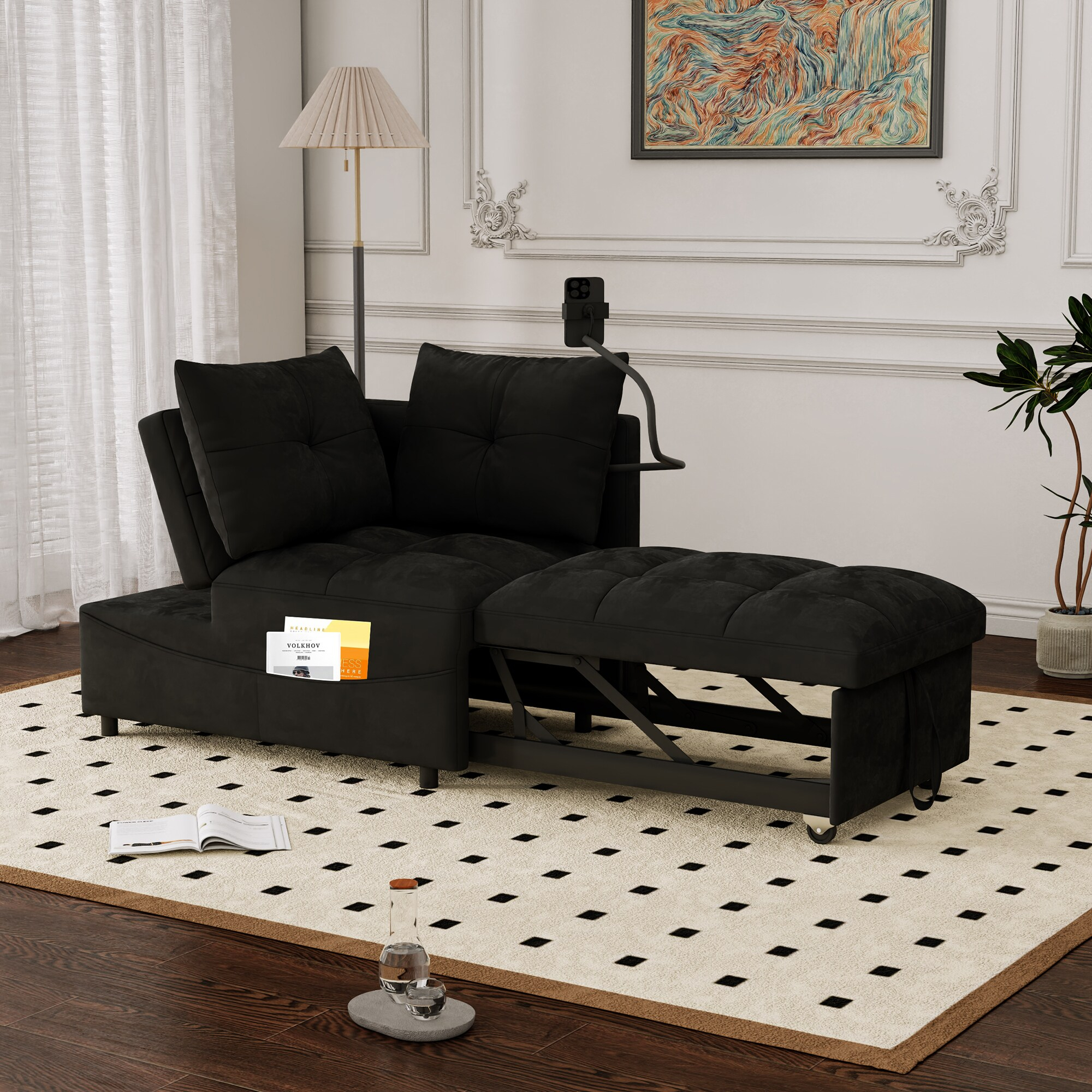 68.3" Gray Velvet Nailhead Sleeper Sofa with Throw Pillow