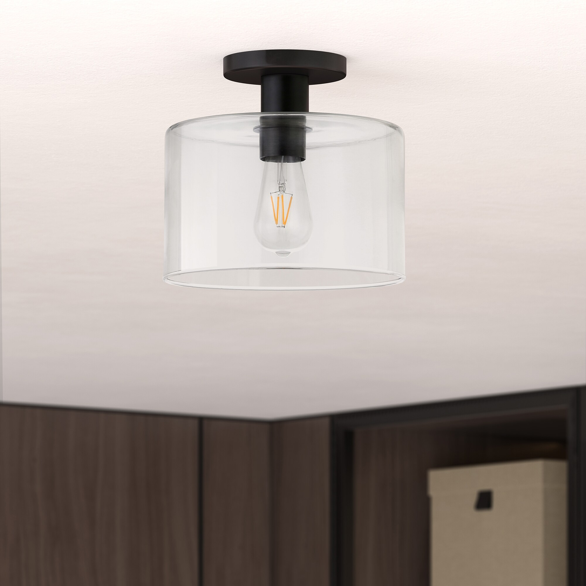 Evelyn&Zoe 10" Matte Black Metal/Glass Semi Flush Mount