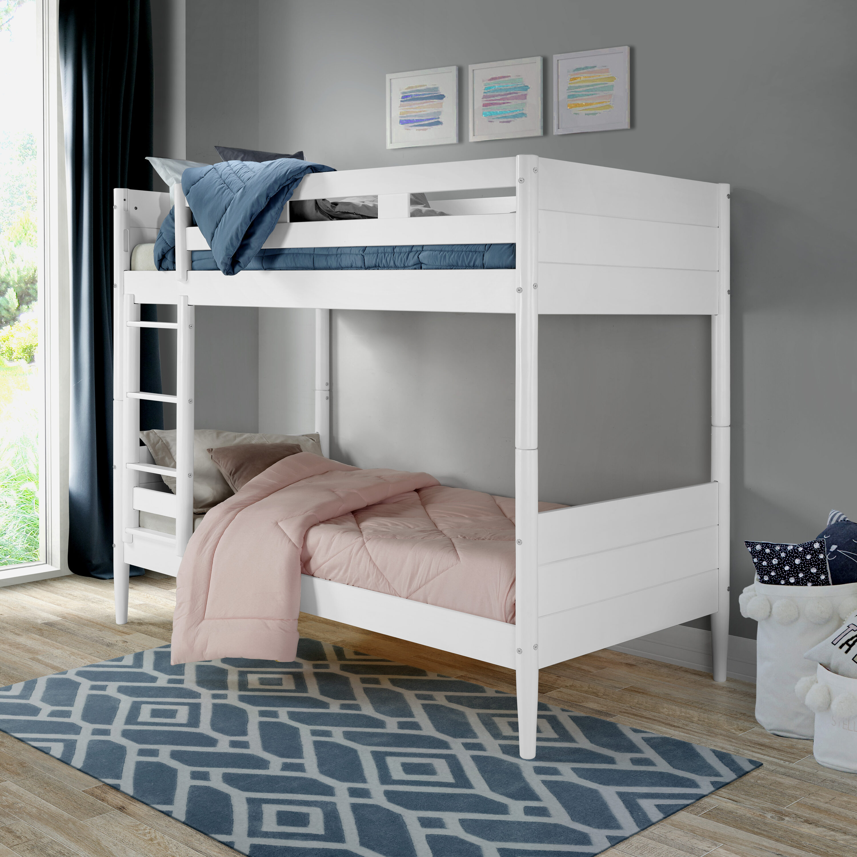 Mid Century Modern Bunk Bed Twin over Twin - White Finish