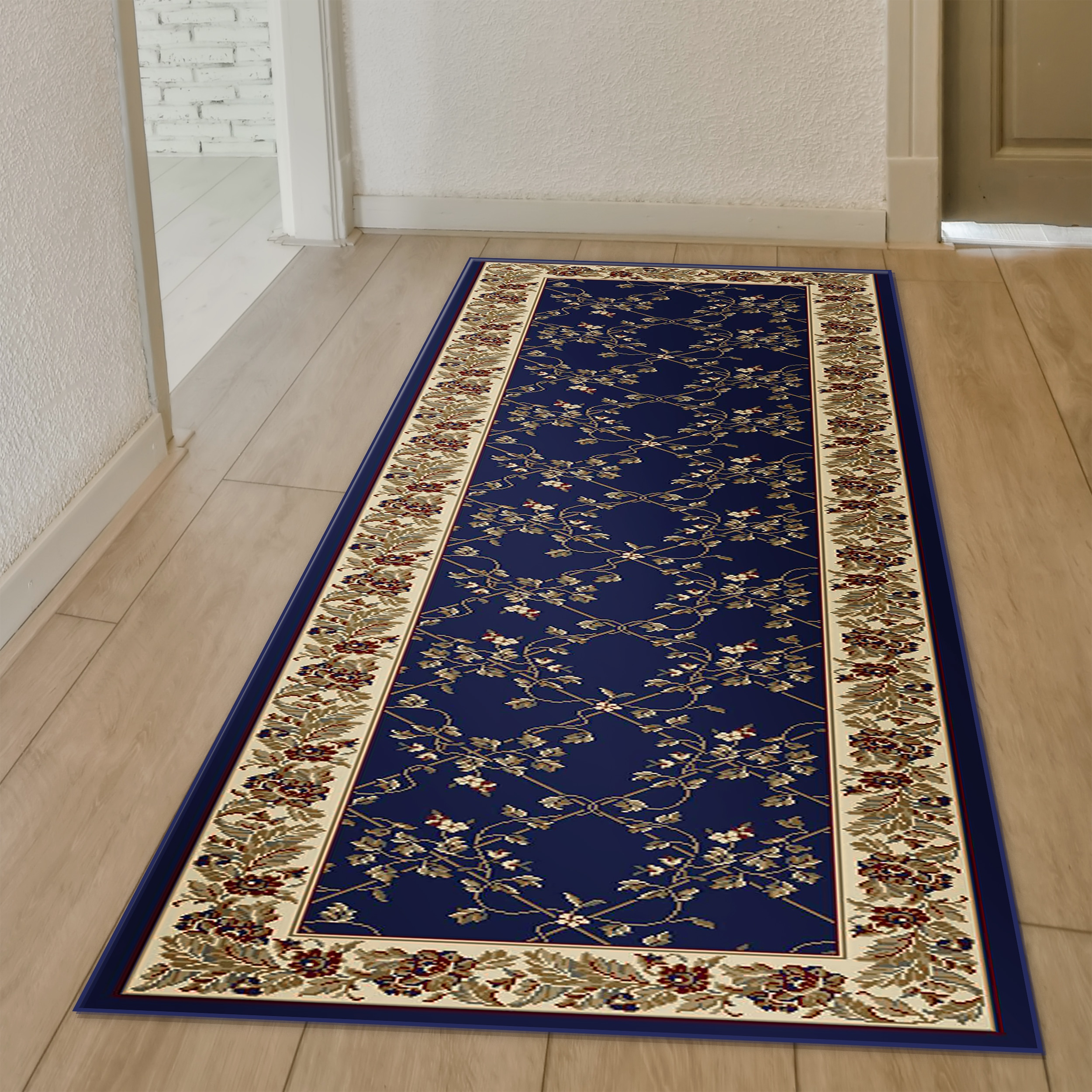 Radici Usa Noble Area Rug 1427 Navy Blue Floral Country 2' 2" x 8' Rectangle