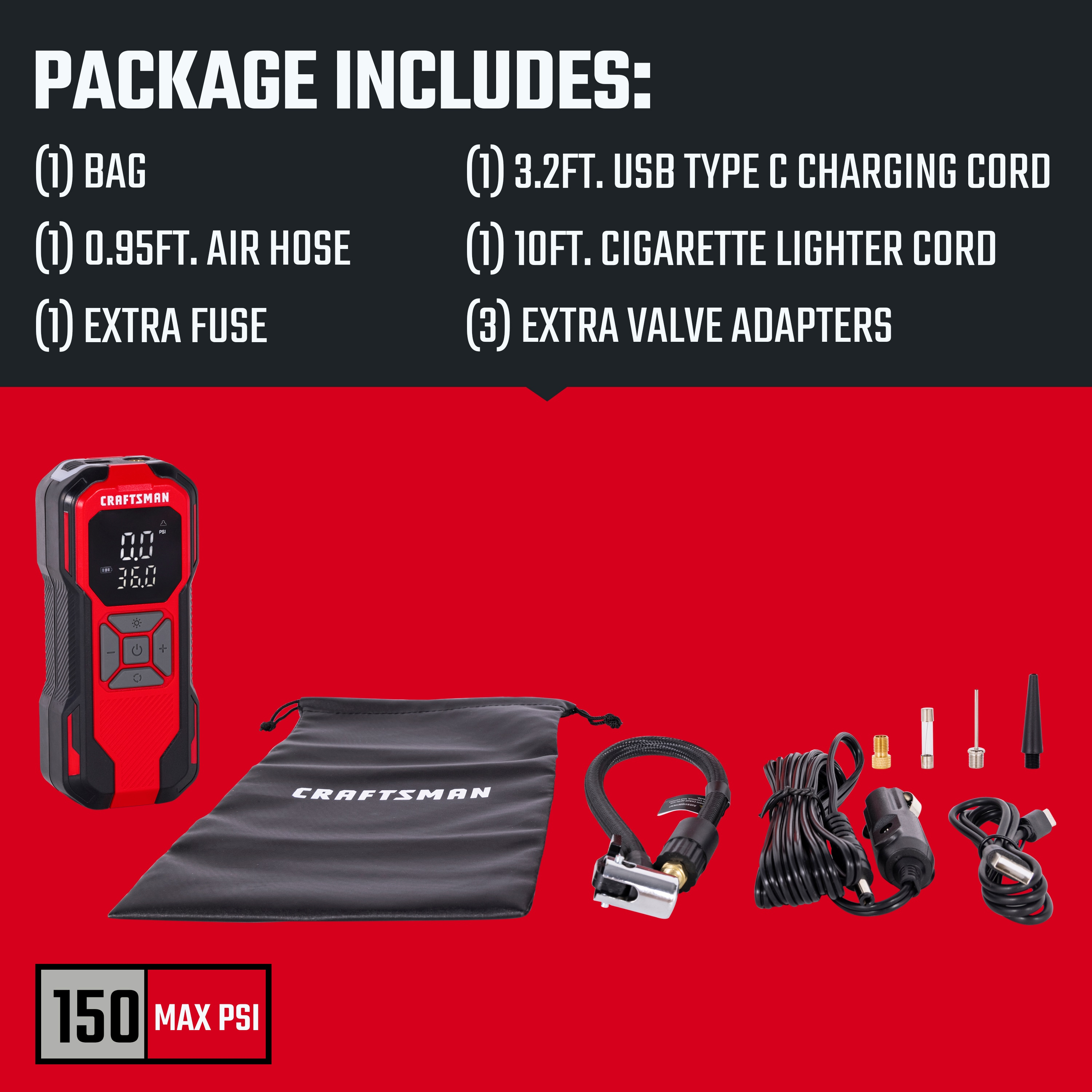CRAFTSMAN Tire Inflator Portable Air Compressor, Cordless Mini Air Pump for Car Tires with Digital Tire Pressure Gauge, 6000mAh Battery Powered Air Pump, Max Pressure 150 PSI, 12V DC Corded