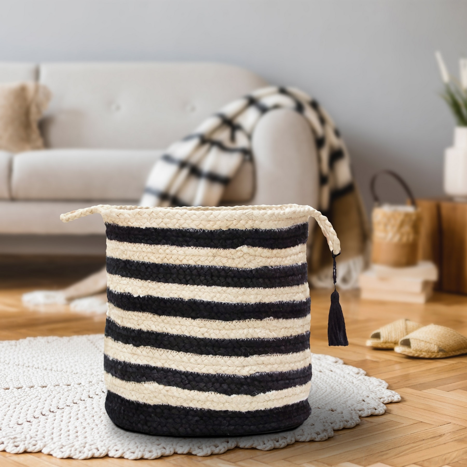LR Home Woven Round Jute 17" Storage Basket with Handles, Black/White Multi Stripe