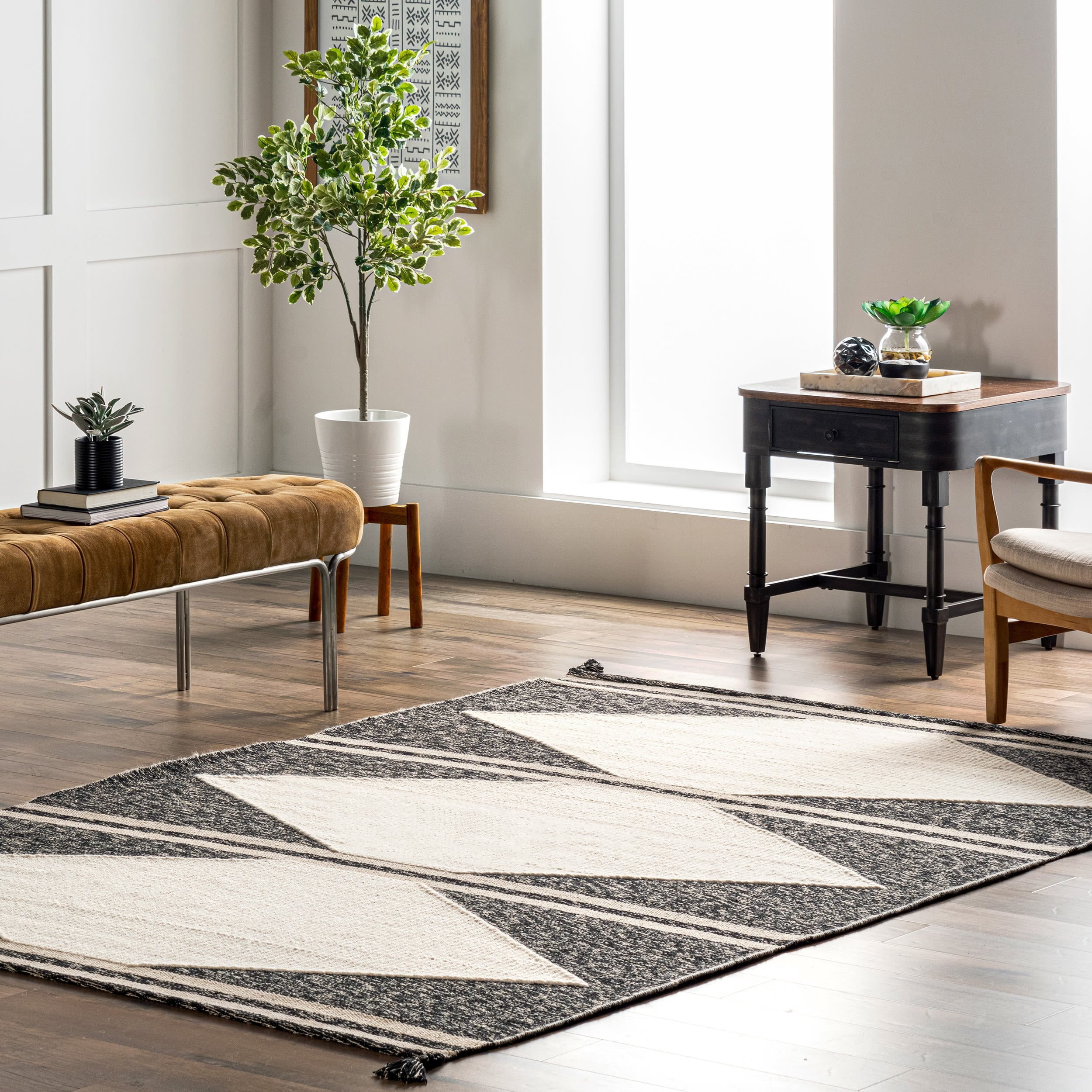 nuLOOM Chasen Cotton and Wool Flatweave Diamond Tassel Area Rug, 5' x 8', Ivory