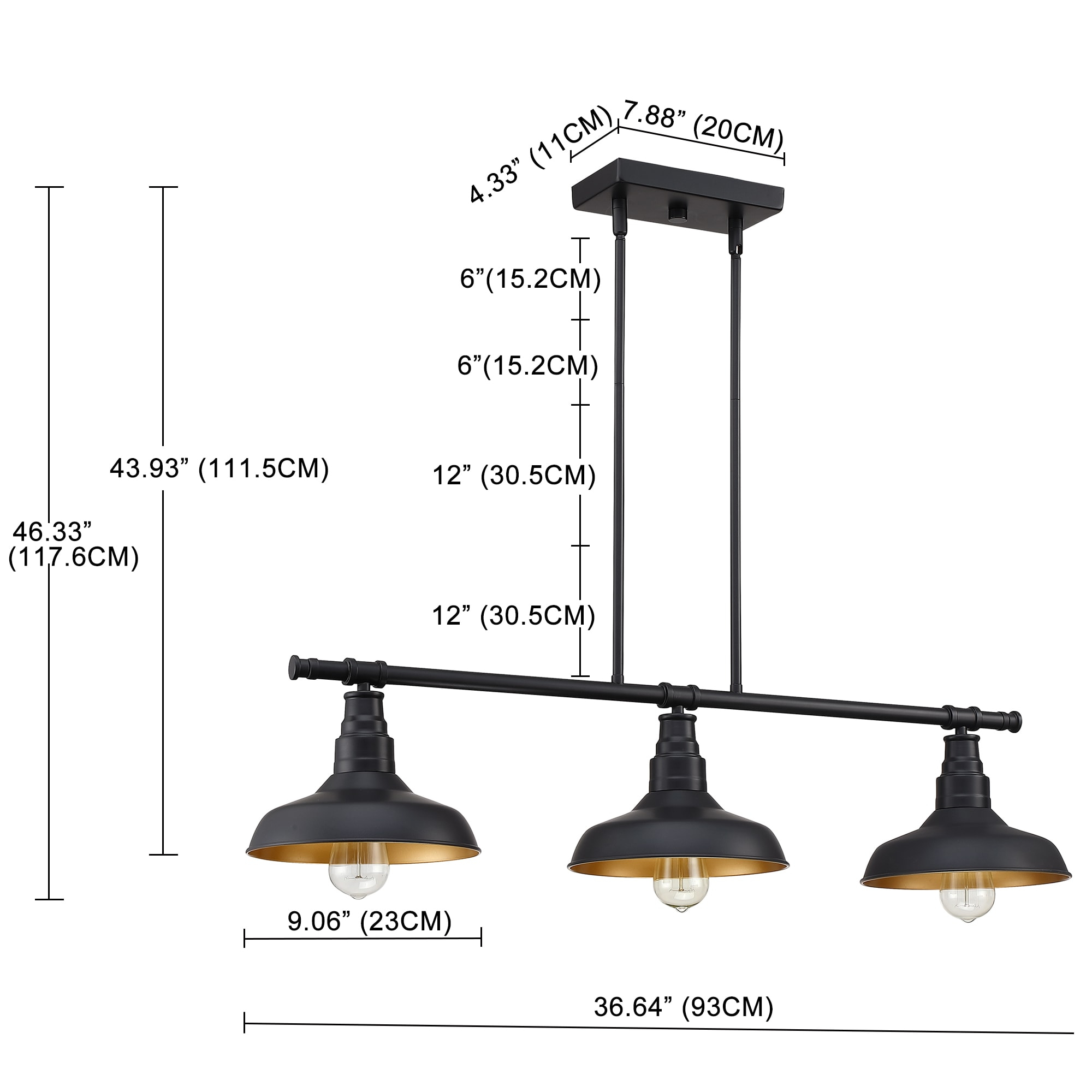 3-Light Matte Black Pendant Lighting for Kitchen Island Industrial Ceiling Mount Light Fixture for Dining Room, Living Room, Dining Table, Bars with Gold Painting Inside Finish