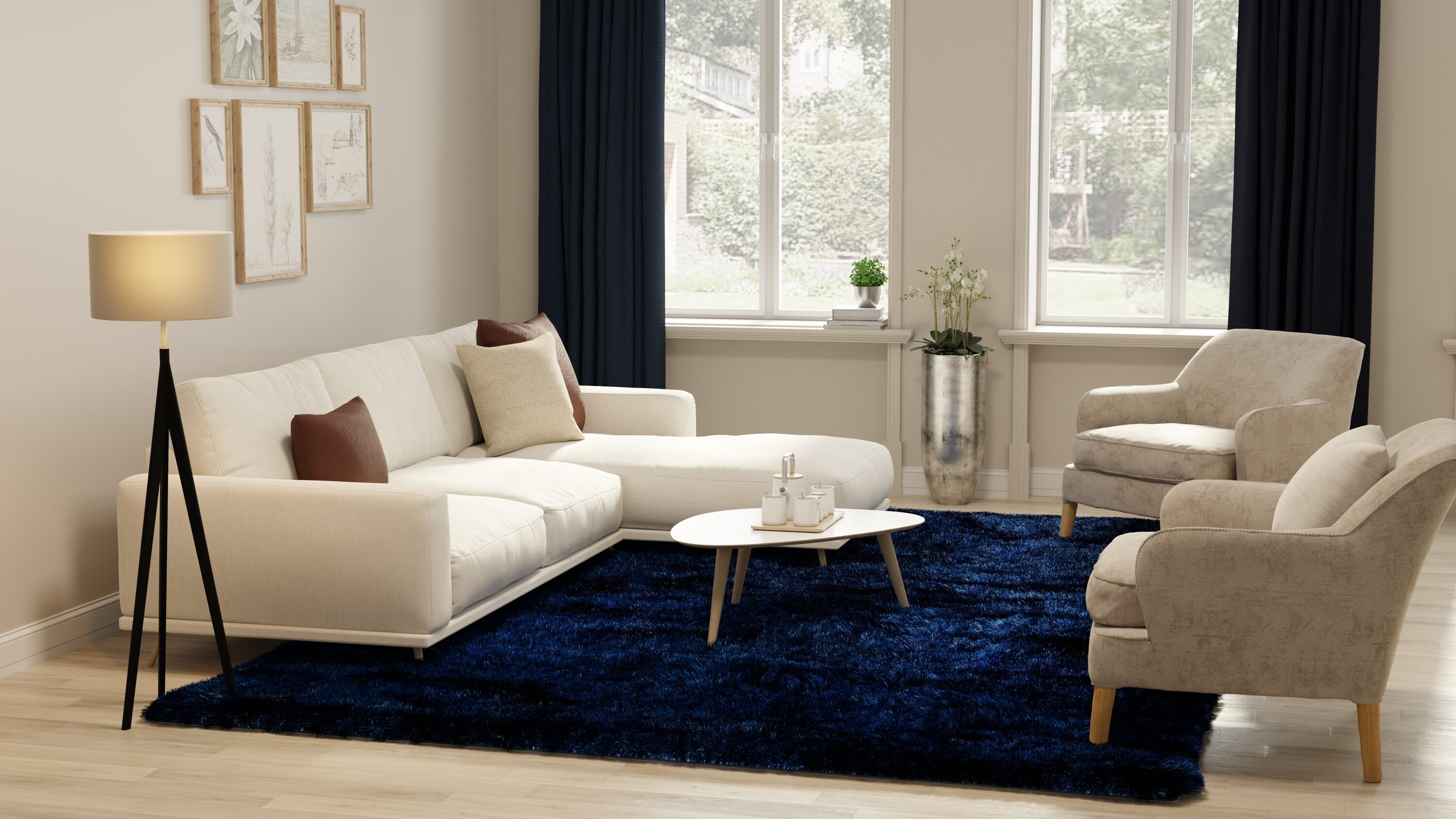Freya Dark Blue Tufted Wool and Viscose Shag Rug