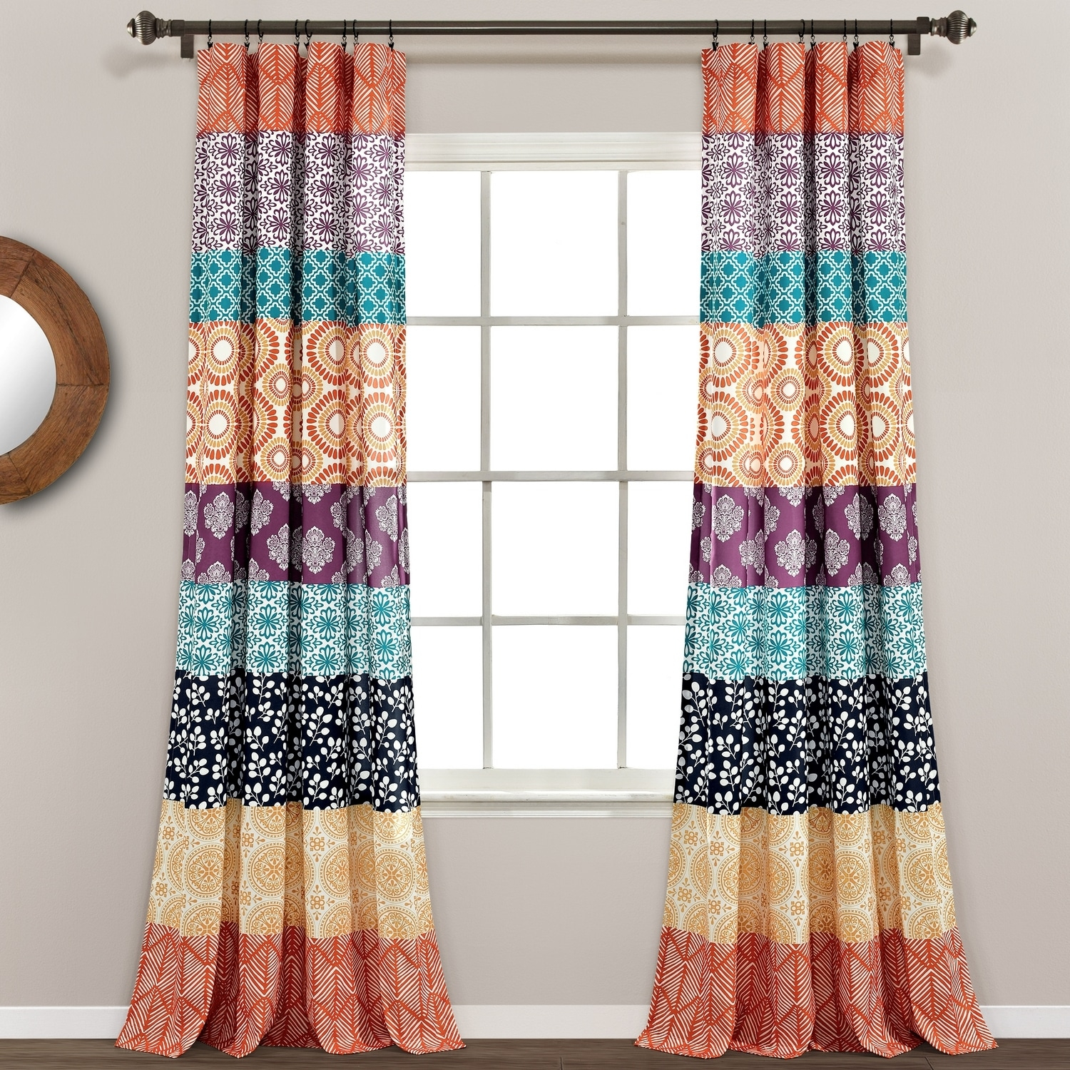 Extended Fuchsia and Orange Geometric Polyester Rod Pocket Drapes