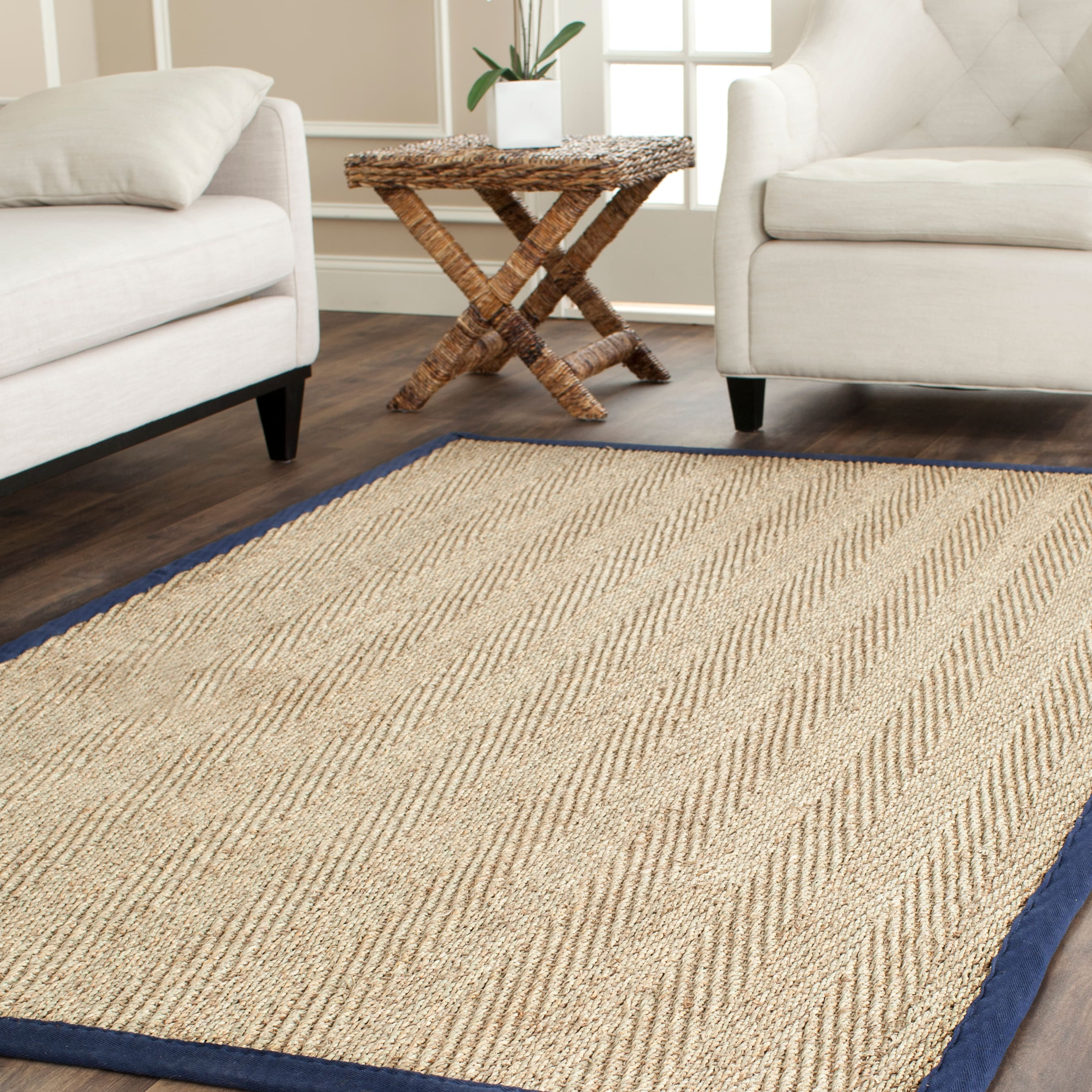 SAFAVIEH Natural Fiber Maisy Border Seagrass Area Rug, Natural/Blue, 9' x 12'
