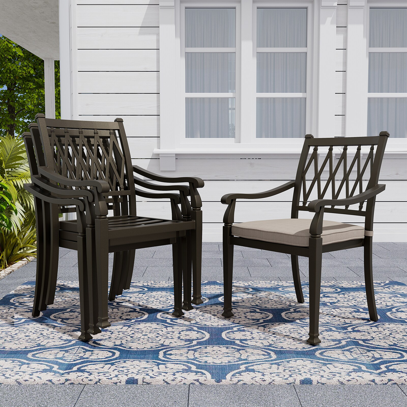 Mondawe Cast Aluminum Outdoor Dining Armchair Set of 4, 23" Extra Wide Ergonomic Patio Chair with Beige Olefin Cushion