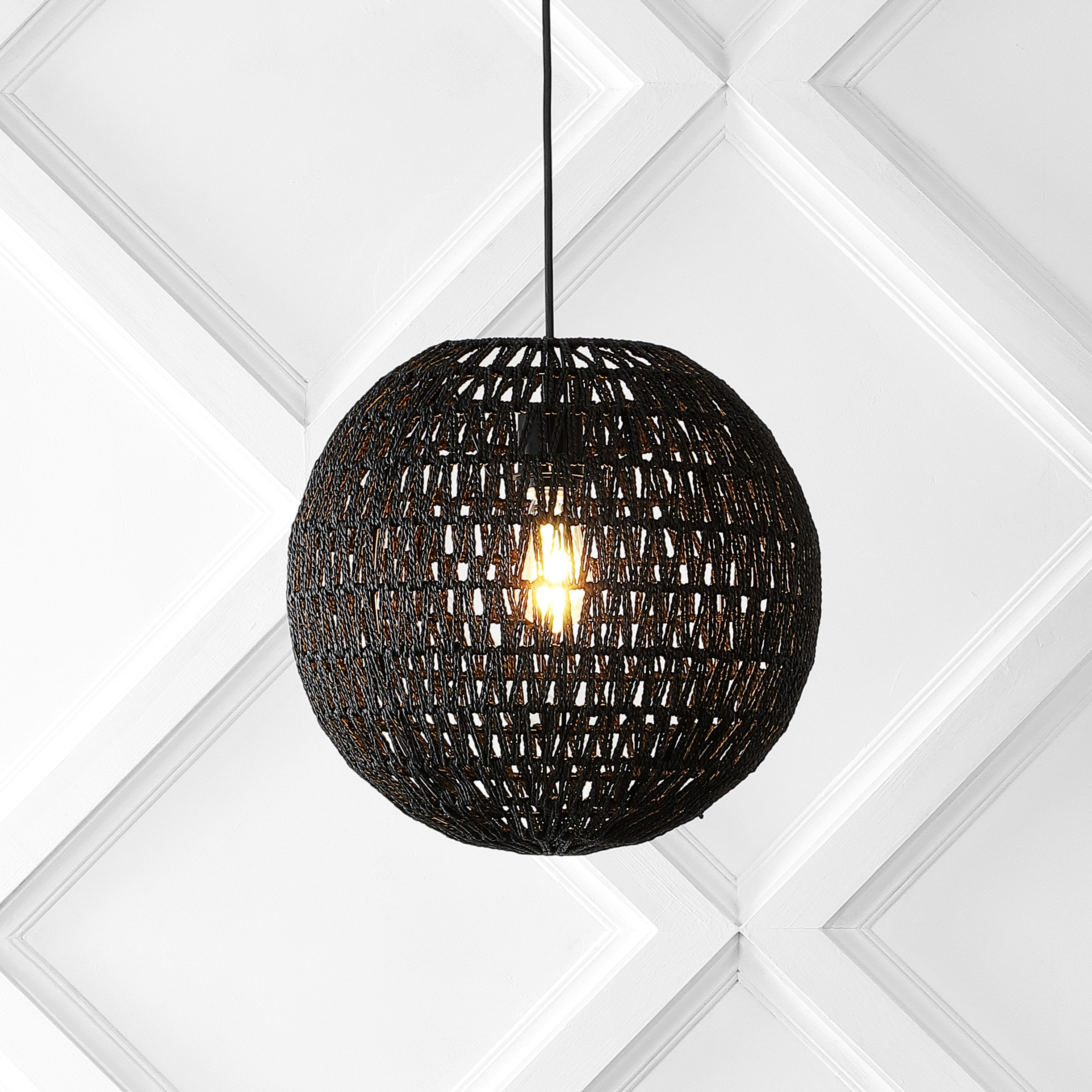 Luna 15.75" 1-Light Bohemian Modern Woven Rattan/Iron LED Pendant, Black