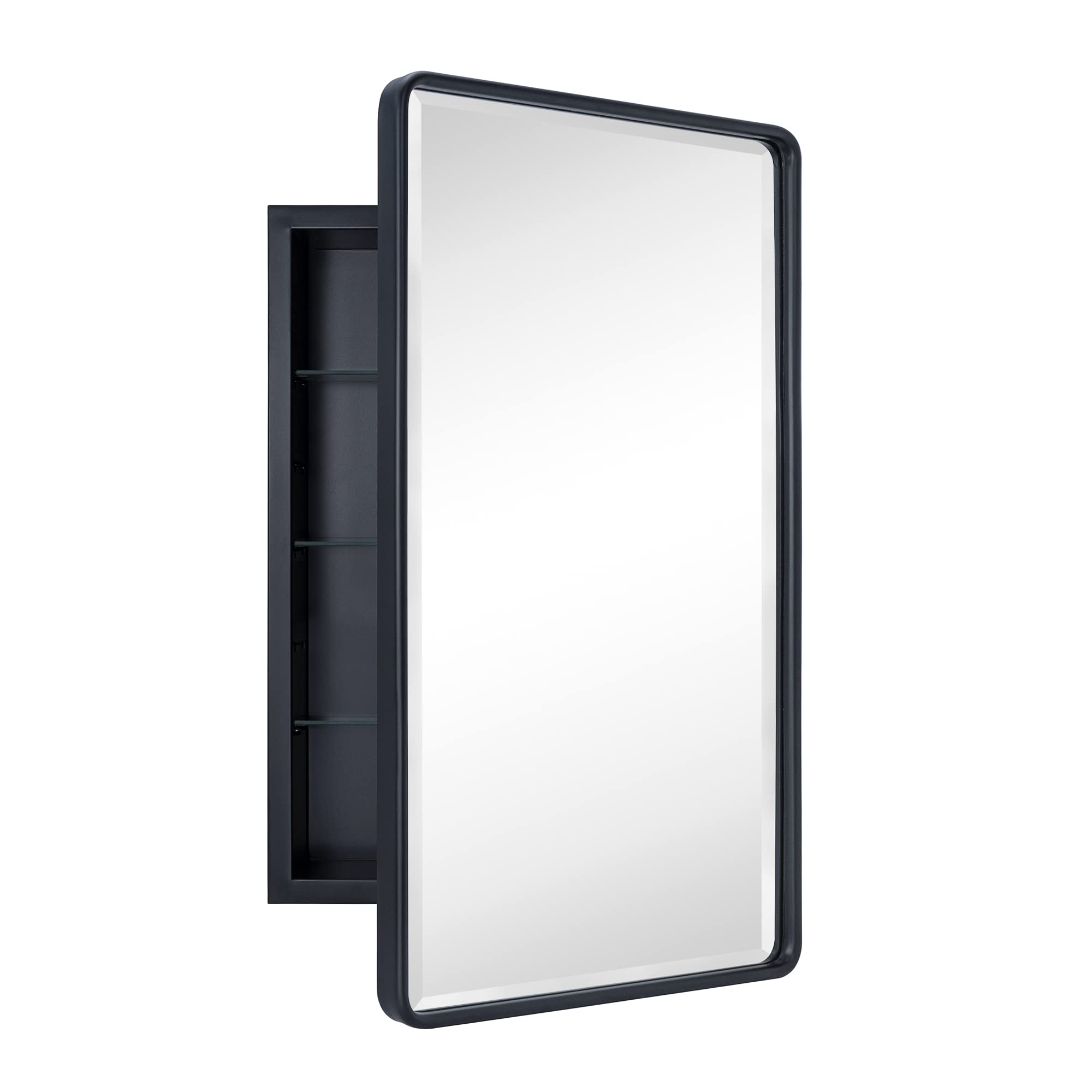 Farmhouse Black Recessed Rectangle Bathroom Medicine Cabinet with Beveled Vanity Mirror for Wall 16.5x27.5''