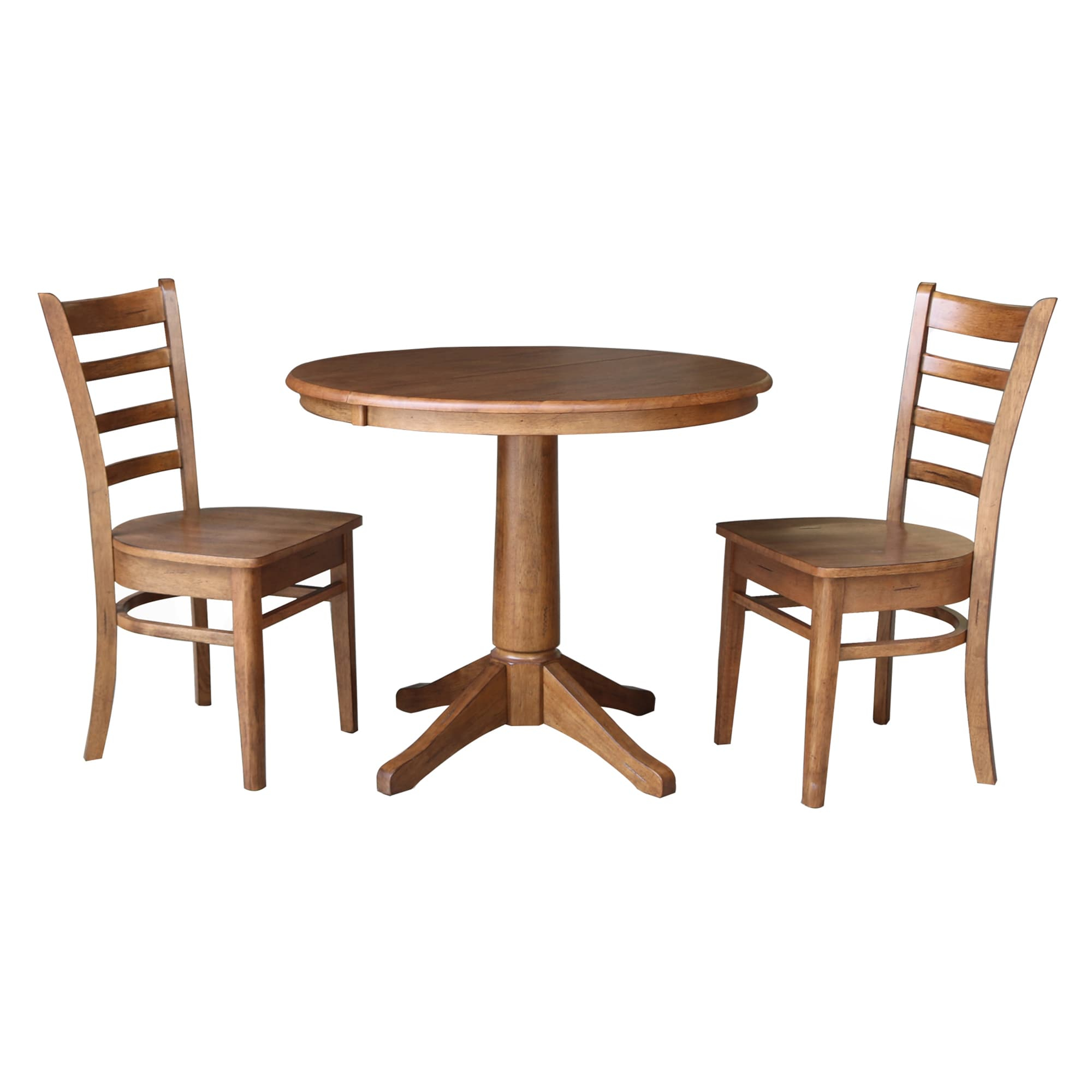 36" Round Solid Wood Extension Dining Table with 2 Chairs in Distressed Oak by International Concepts