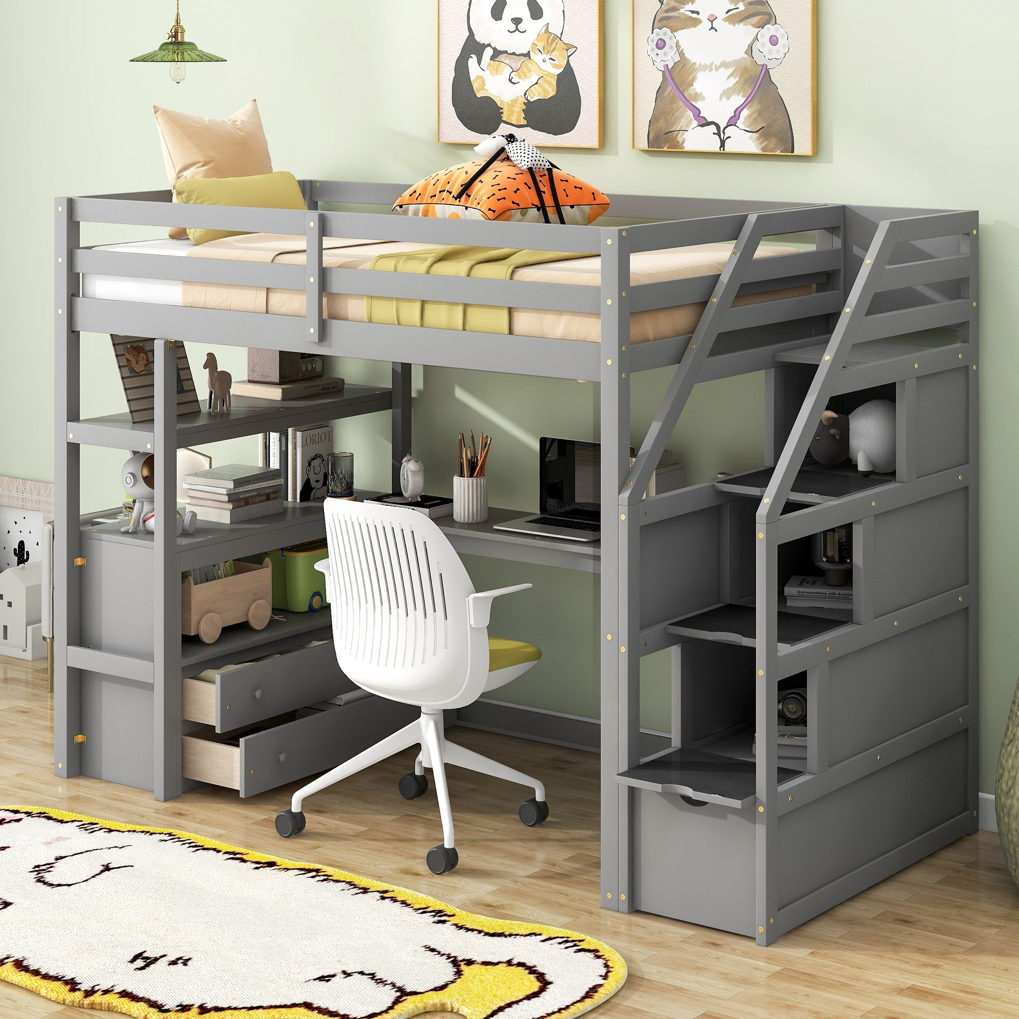 Stairway Twin Size Loft Bed with L Shape Desk, Shelves, Two Tier Drawers and Storage Staircase, Gray