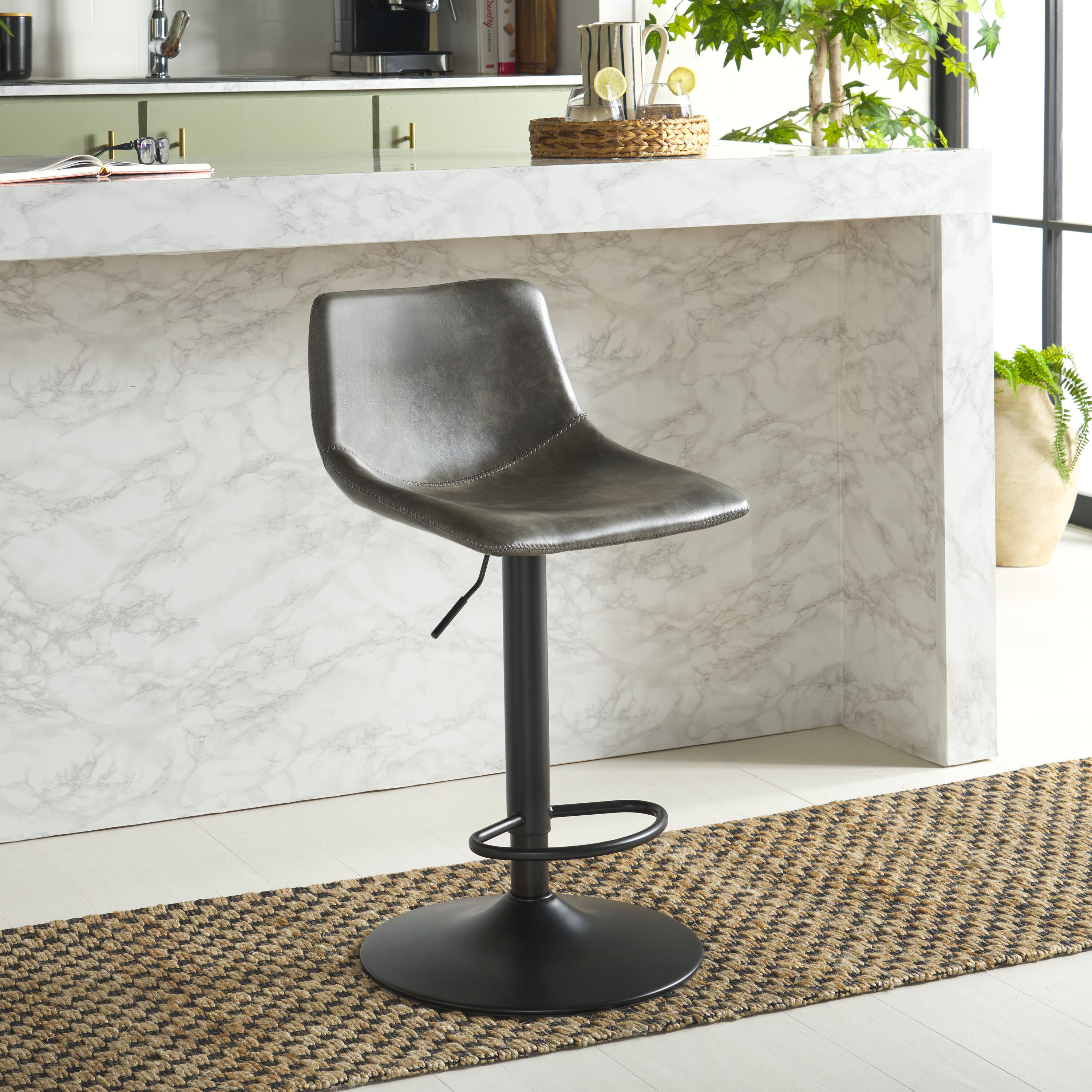 Aelin Adjustable Gray Faux-Leather Swivel Bar Stool with Black Metal Base