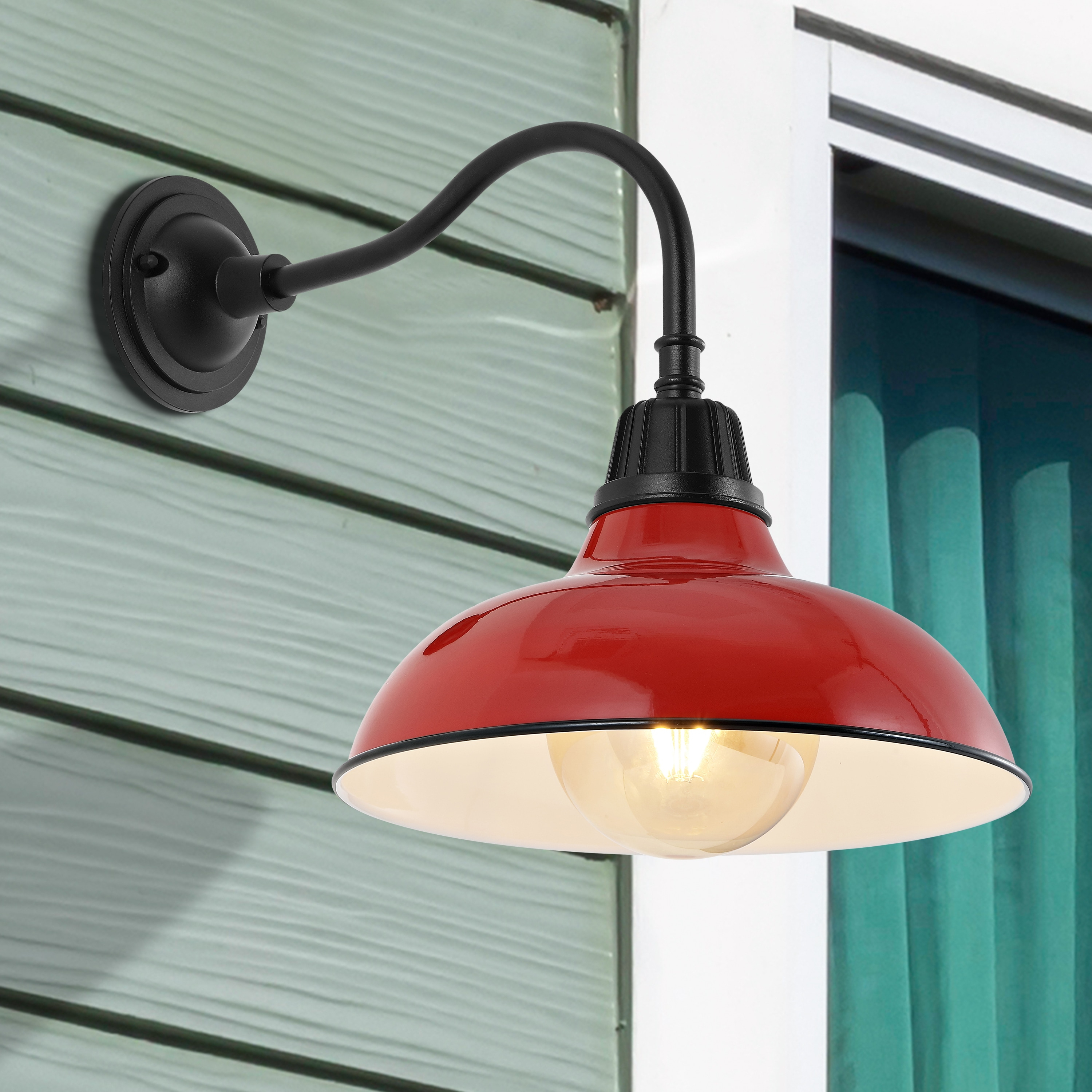 Aurora 12.25" 1-Light Farmhouse Industrial Indoor/Outdoor Iron LED Gooseneck Arm Outdoor Sconce, Red