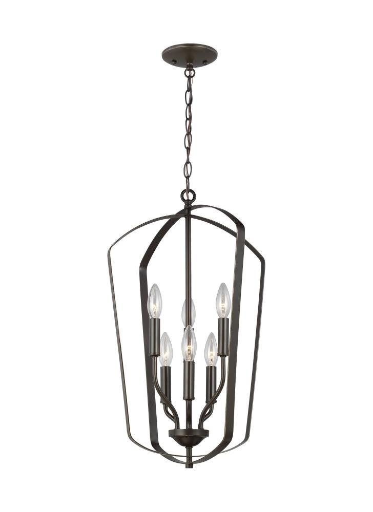Bronze Six-Light Incandescent Hall Pendant with Torpedo Candelabra Bulbs