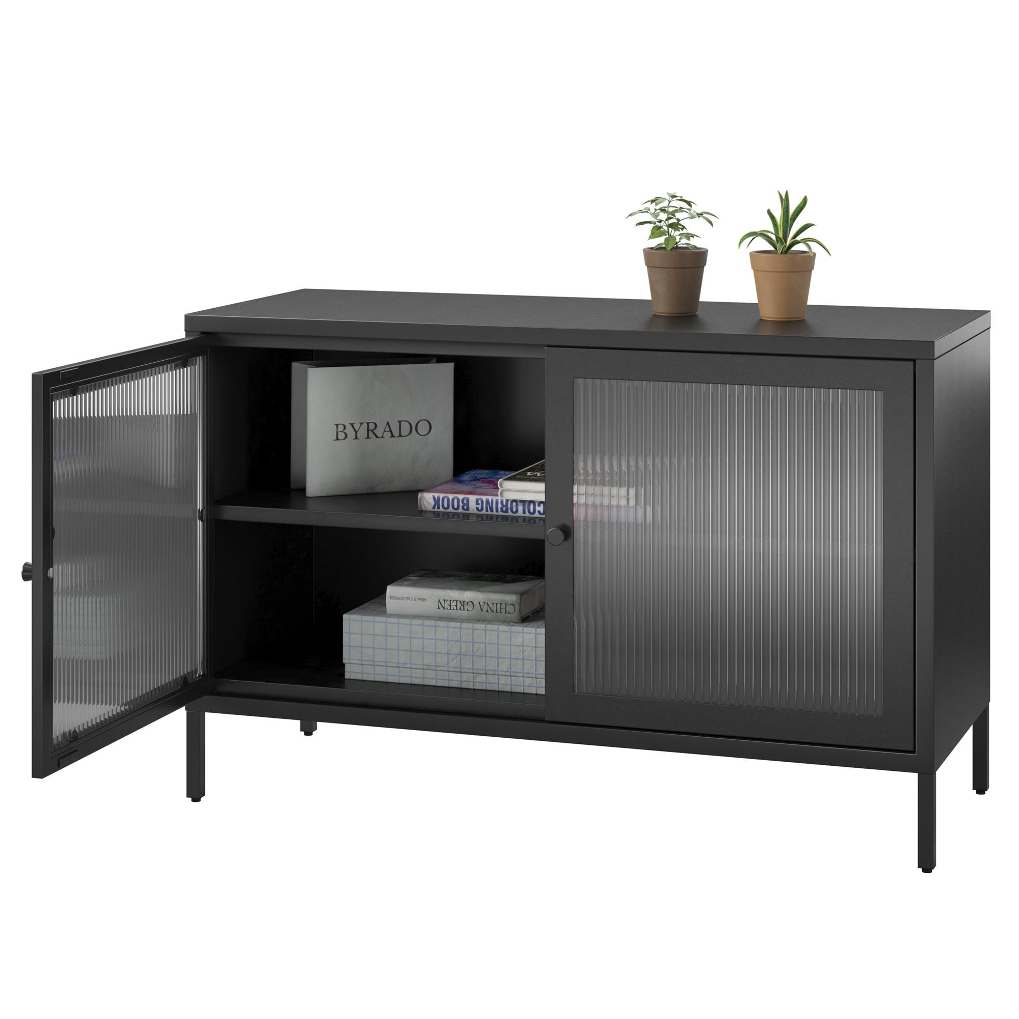 Systembuild Evolution Ashbury Heights 2 Door Storage Cabinet-Fluted Glass Metal Locker, Black