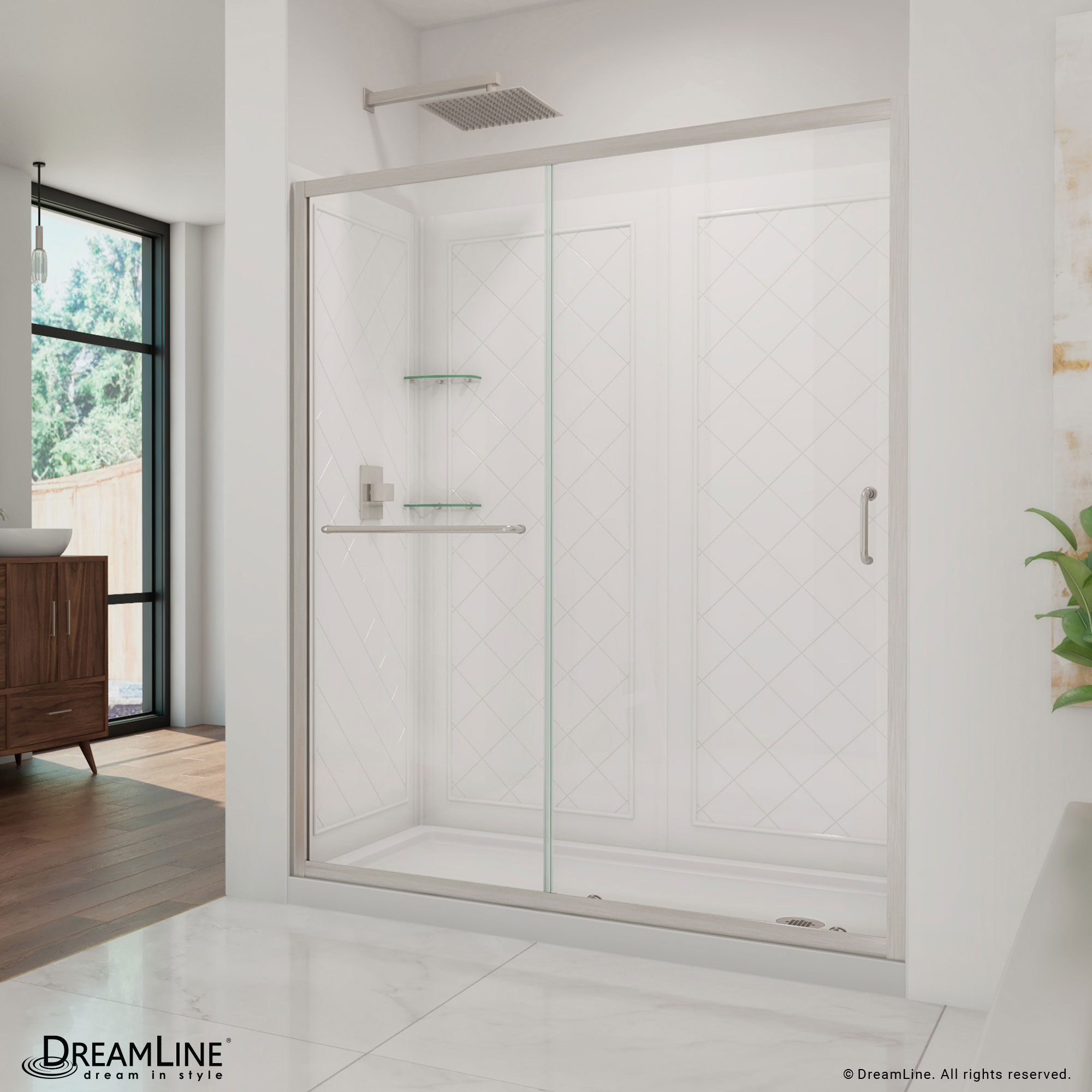 DreamLine Infinity-Z 32 in. D x 60 in. W x 76 3/4 in. H Clear Sliding Shower Door in Brushed Nickel, Right Drain Base, Backwalls