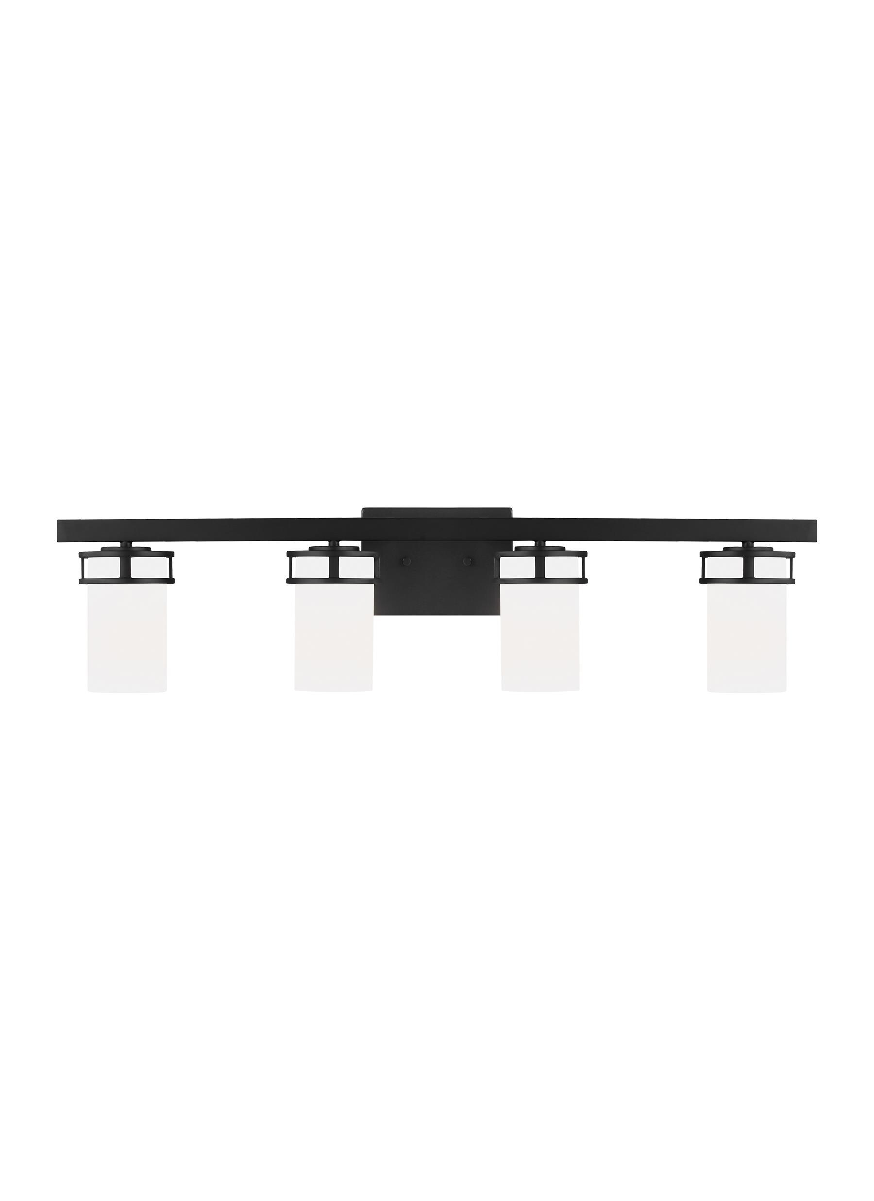 Robie 34 in. 4-Light Matte Black Transitional Rustic Wall Bathroom Vanity Light with Etched White Glass Shades