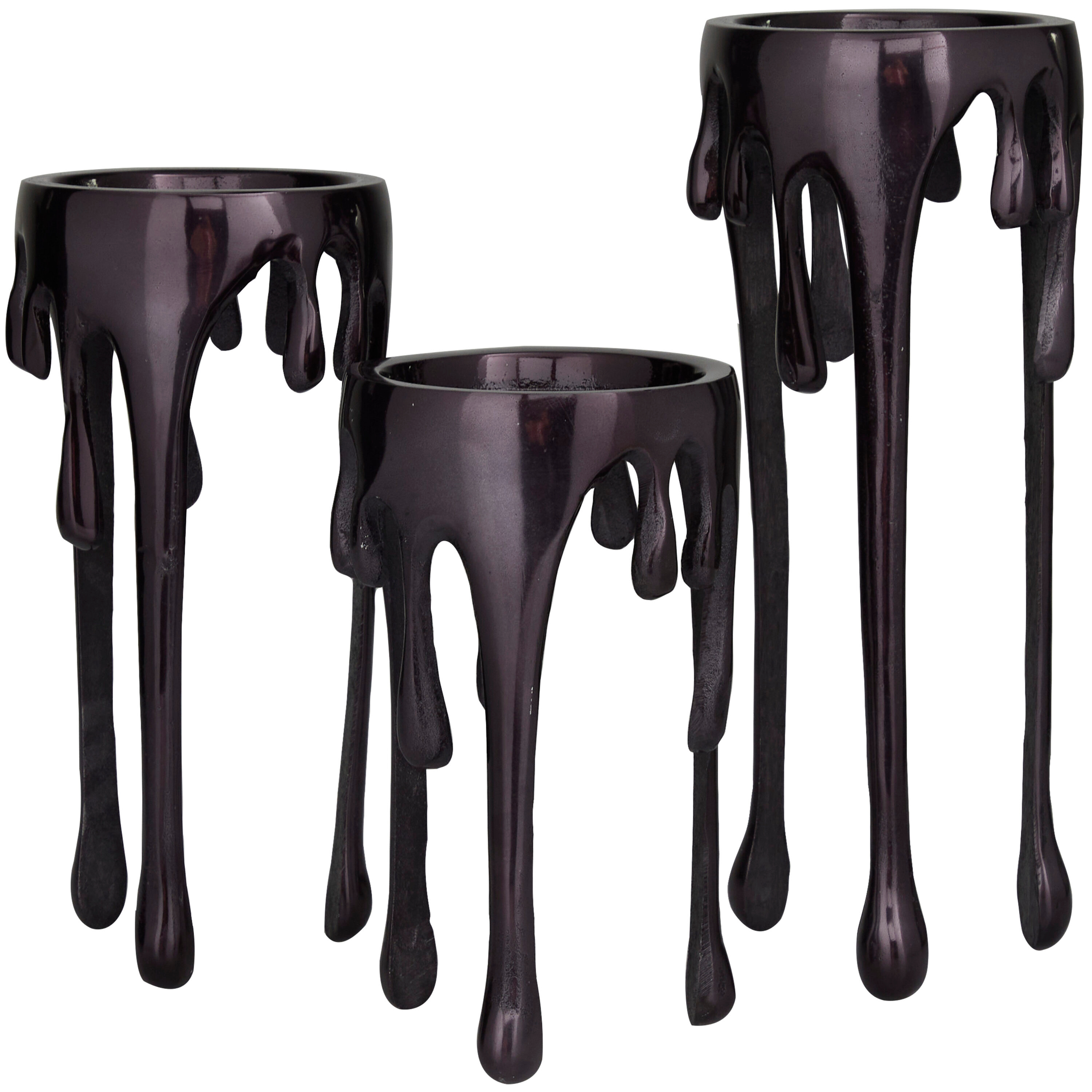 CosmoLiving by Cosmopolitan Contemporary Aluminum 3D Melting Candle Design Candle Holder, Set of 3 12" 10" 8" with Glossy Metallic Black Finish