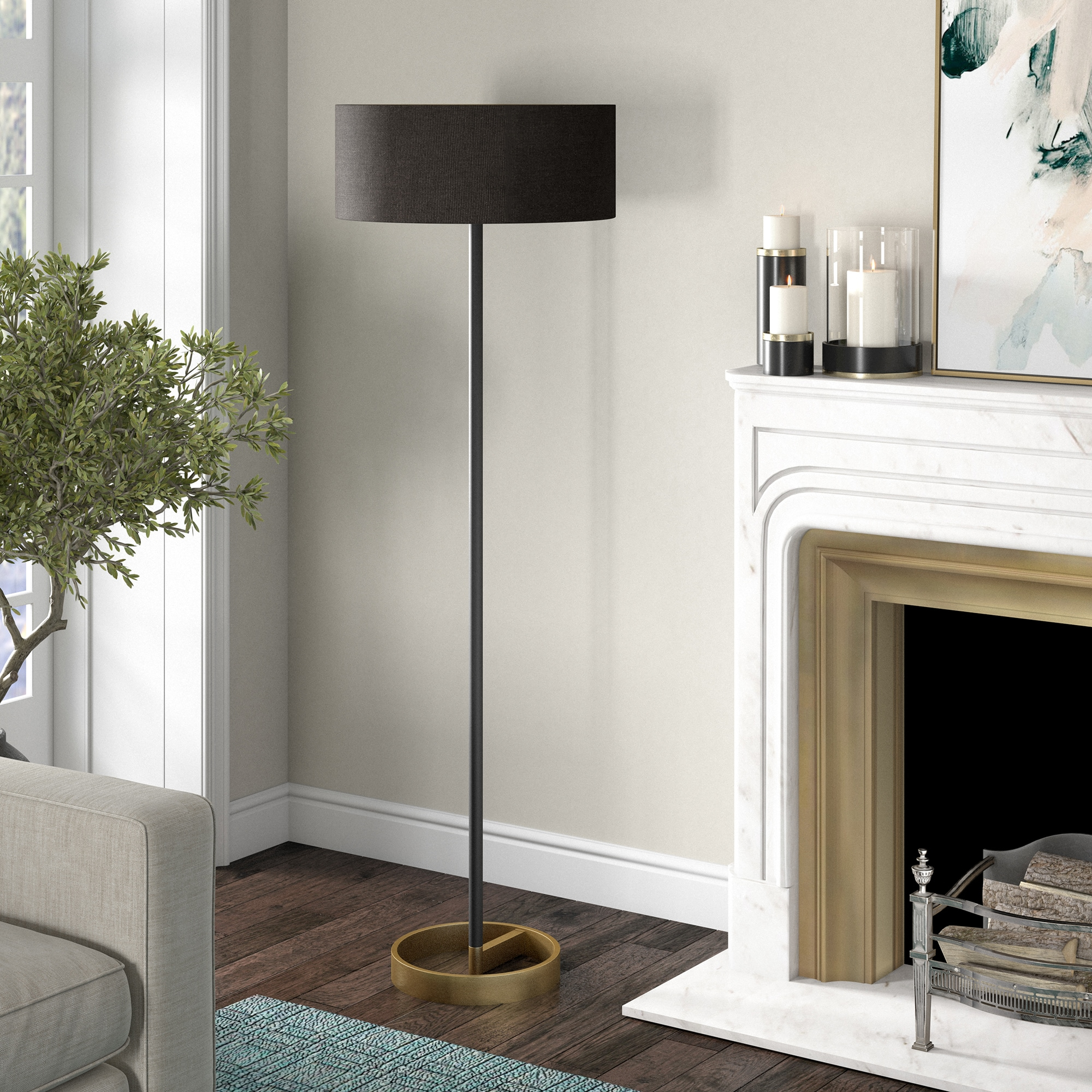 Henn&Hart 20" Matte Black/Brass Metal/Fabric Floor Lamp