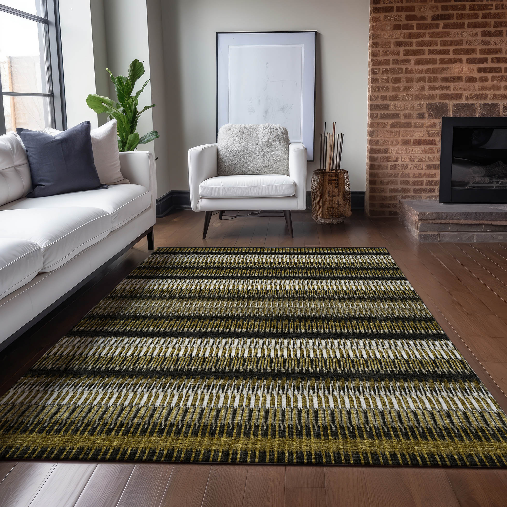 Brown and Black Striped Synthetic Washable 3' x 5' Area Rug