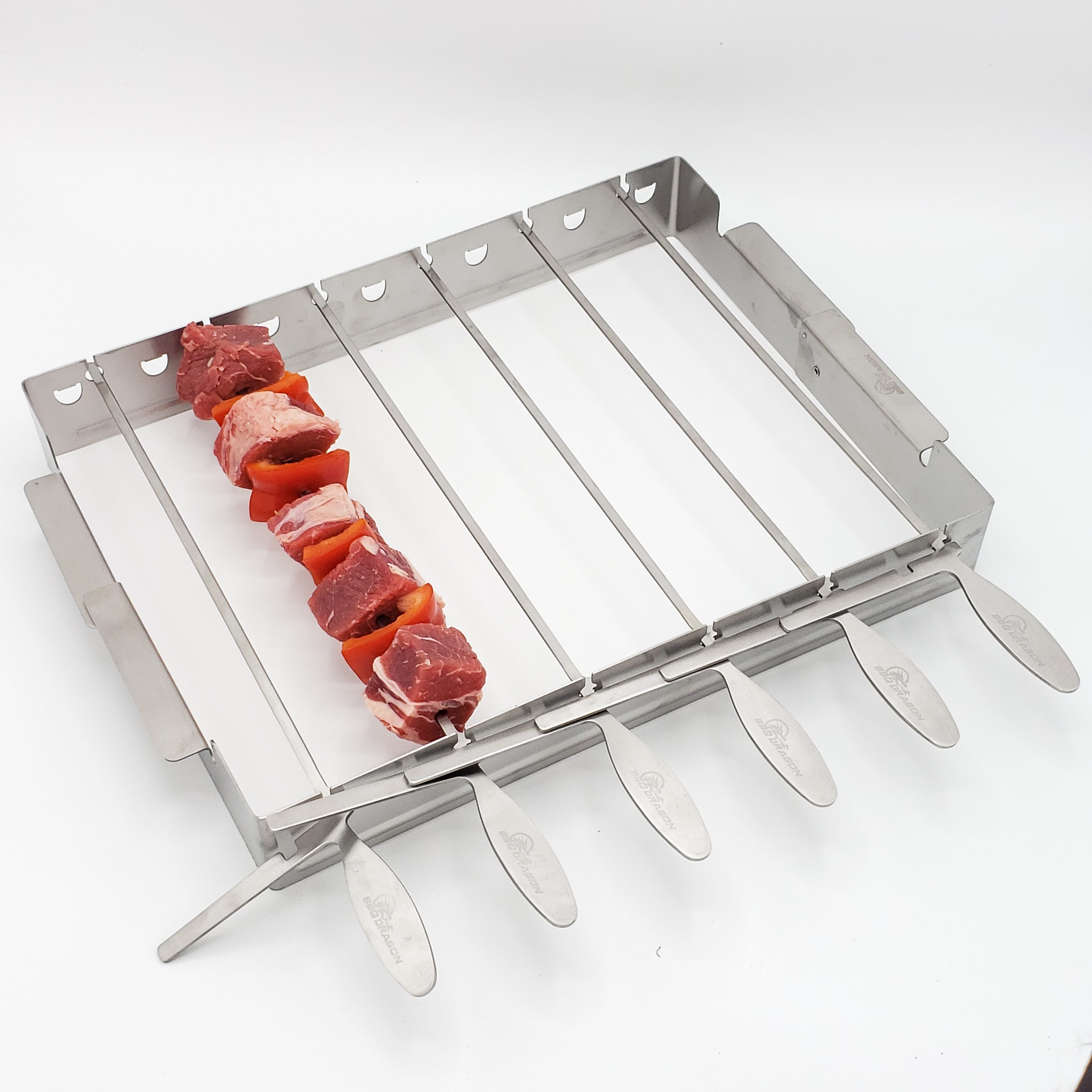 BBQ Dragon Stainless Steel Barbecue Skewers - Foldable Rack with 14-Inch Metal Skewers - Meat, Veggies, Seafood & Shish Kabob Skewers for Outdoor Grilling - Dishwasher Safe
