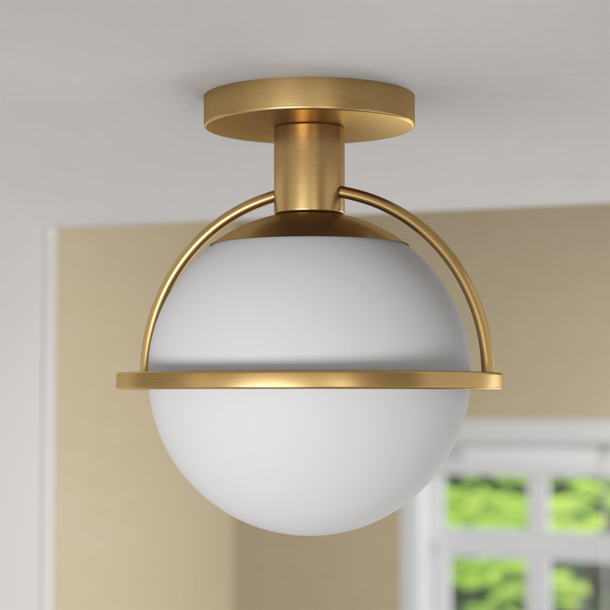 Evelyn&Zoe 9.25" Antique Brass Finish Metal/Glass Semi Flush Mount