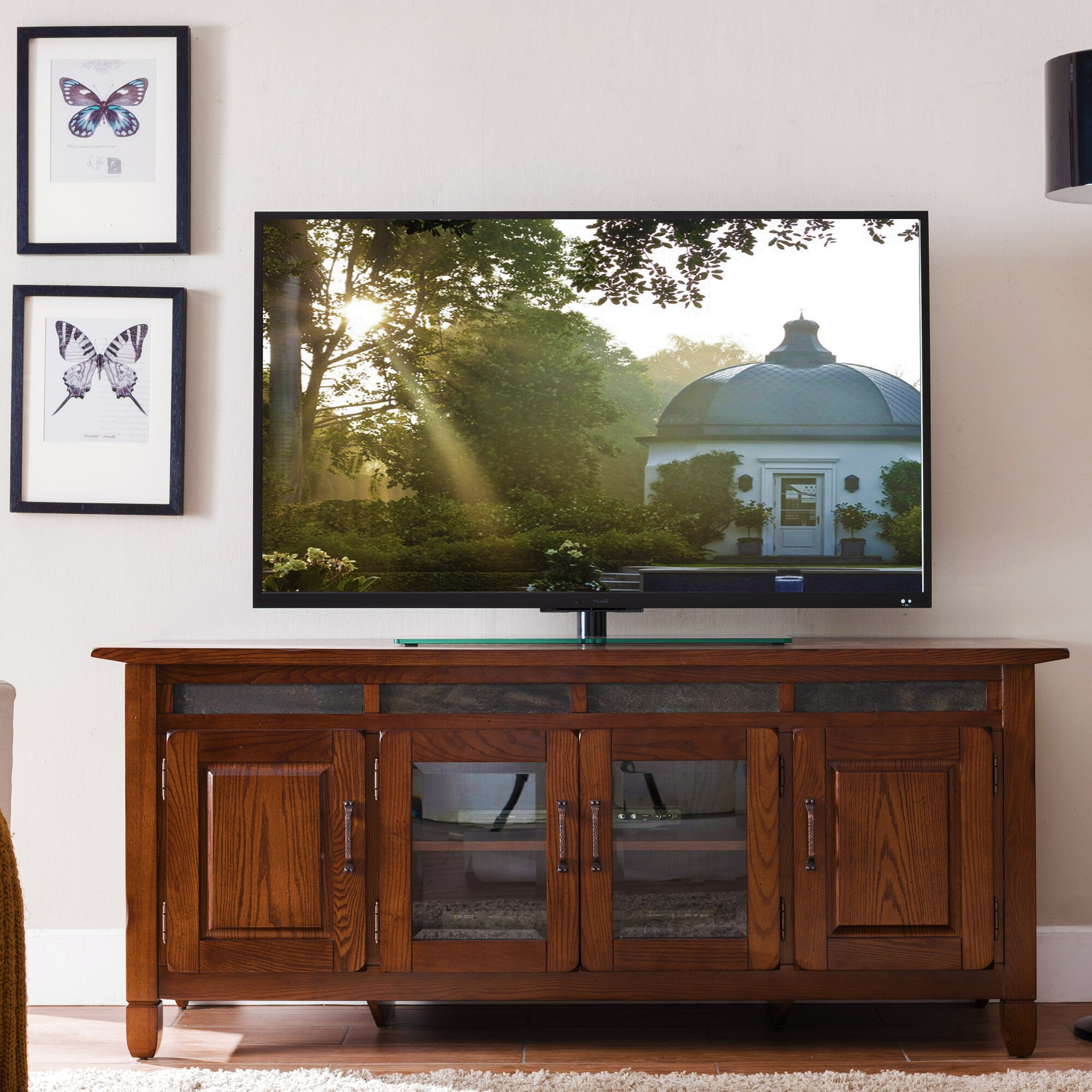 Leick Home 89360 Rustic Oak TV Stand with Slate Tiles and Enclosed Storage For 65" TV, Distressed Rustic Autumn