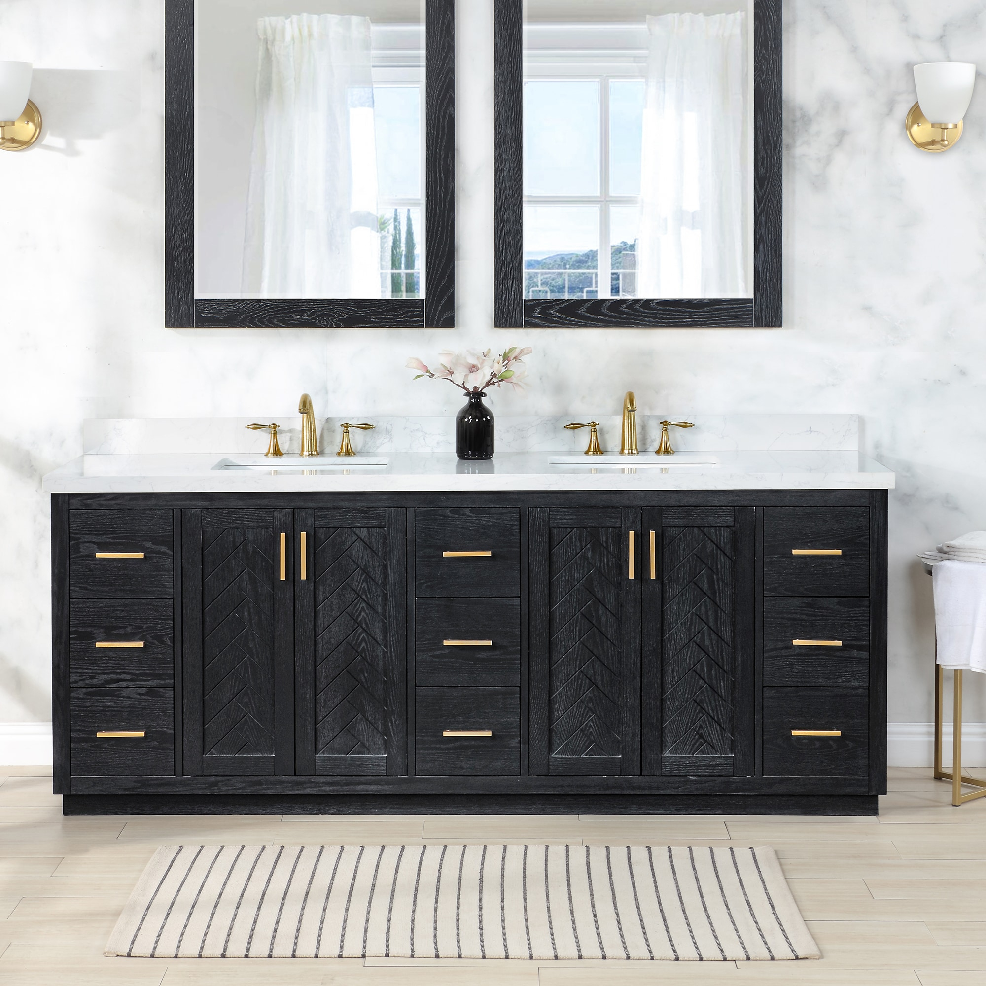 Altair Gazsi Wood Vanity with Composite Stone Top, 84" Black Oak, No Mirror