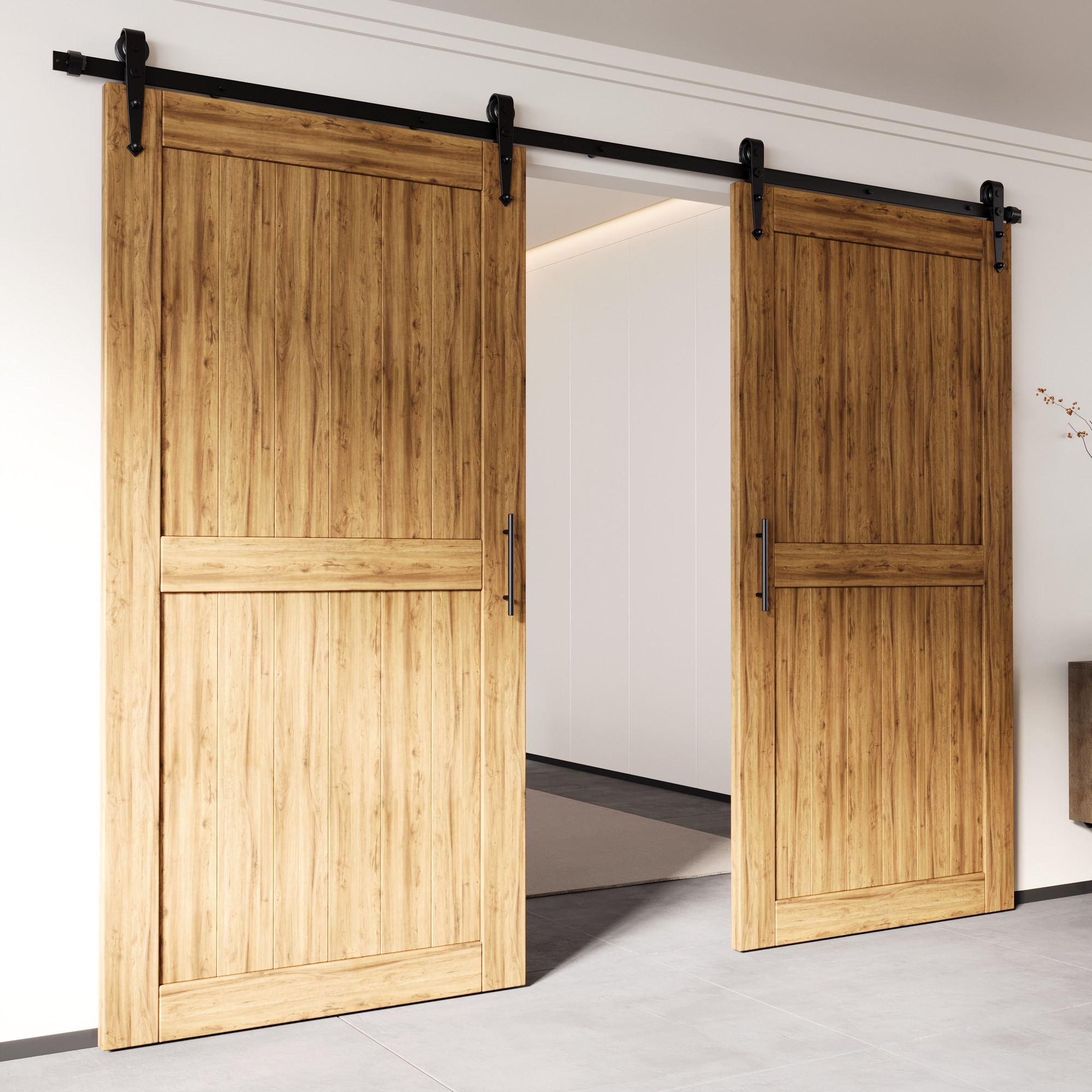 Homacer Black Rustic Sliding Barn Door Hardware Kit, for Two/Double Doors, 4.5ft Long Flat Track, Arrow Design Roller, Heavy Duty, for Interior & Exterior Use